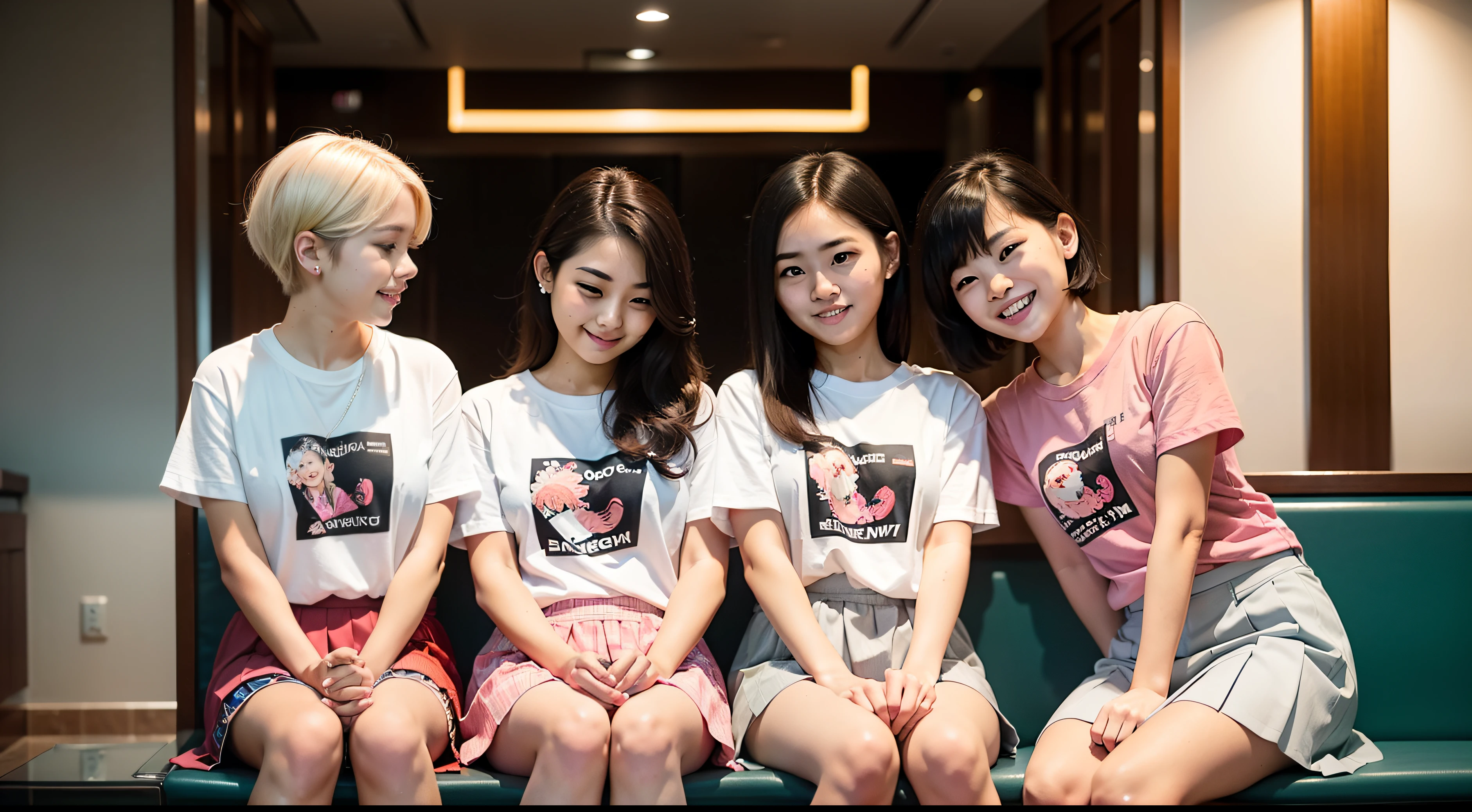 4 beautiful girl (which is girl number 1 is a white long wavy hair girl,girl number 2 is a korean girl wearing short pleated skirt, girl number 3 is a short pixie haircut girl, girl number 4 is a cute malay girl) they all wearing pastel color small tshirt seating in hotel lobby chatting and laughing, happy, nighttime, beautiful girl, professional lighting, professional photography, front view, group photography,