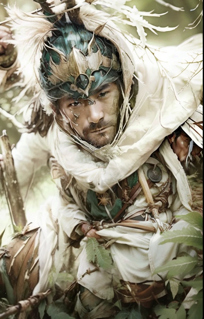 Man in white clothes with spear、in woods