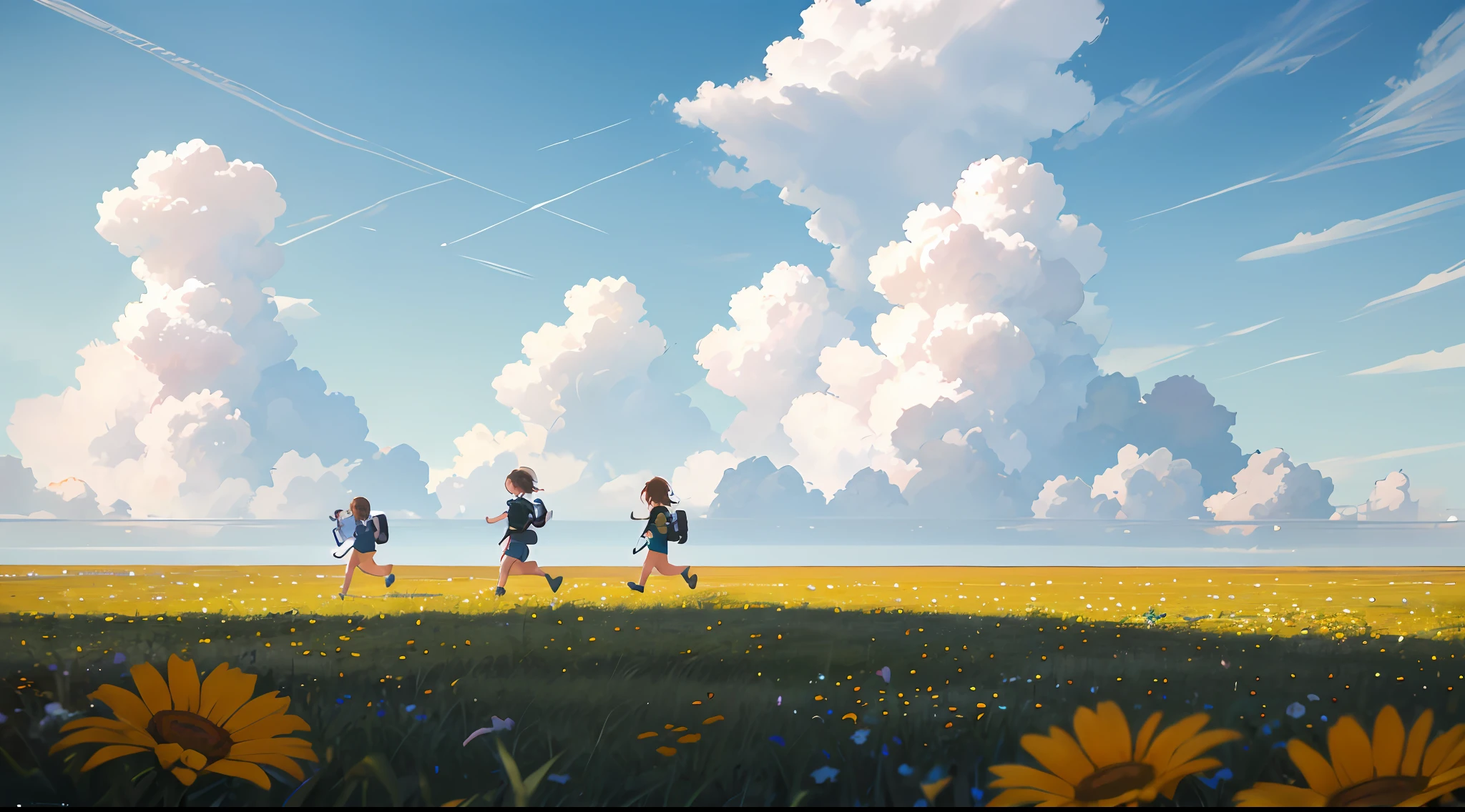 "Imagine that，The vast expanse of summer grasslands is breathtaking，Under vast large clouds，Only a few small flowers bloom，Thanks to ray tracing technology，All of this is captured in stunning hyper-detail。Let the surrealism of deep-field focus bokeh captivate you，Illuminated by the soft light of the blue sky，Plus hot weather，There was a group of small children running with backpacks on their backs，Make the scene feel truly like a movie。To enhance this experience，Please enable 8K details for ultimate viewing pleasure。