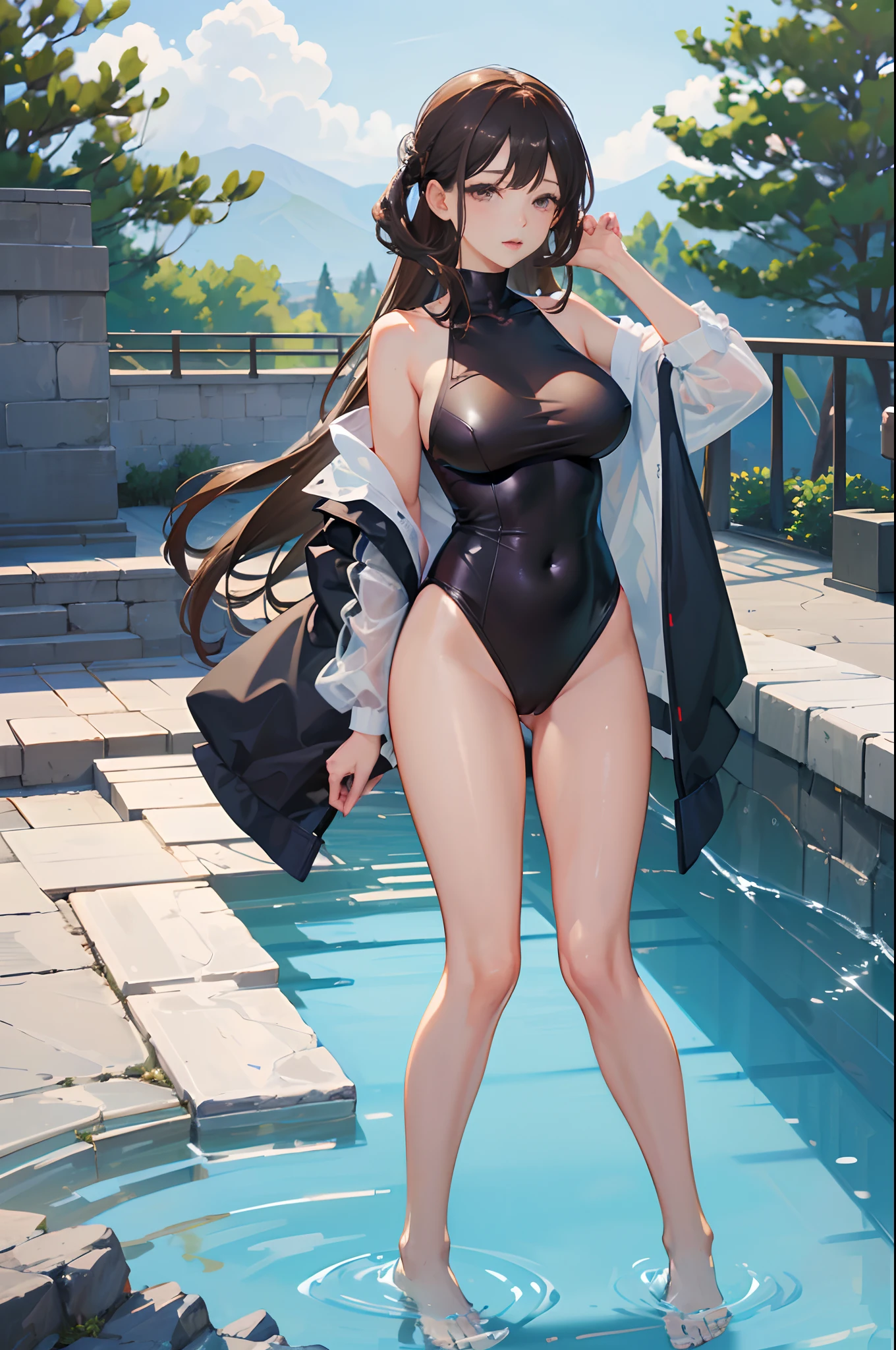 (Best quality, 8k, 32k, Masterpiece, UHD:1.2),Photo of Pretty Japanese woman, 1girl, (large breasts), tall female, slender figure, (dark brown hair), double eyelid, wet swimsuit, pool