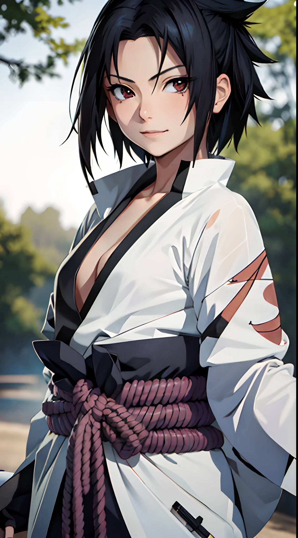 tmasterpiece, Best quality at best, 1girll,sasuke, little breast,(upperbody closeup),is shy,ssmile,Black hair,Japanese sword