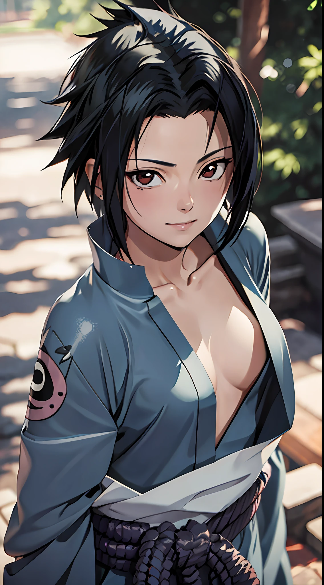 tmasterpiece， Best quality at best， 1girll，sasuke， little breast，（upperbody closeup)，is shy，ssmile，Black hair，Japanese sword