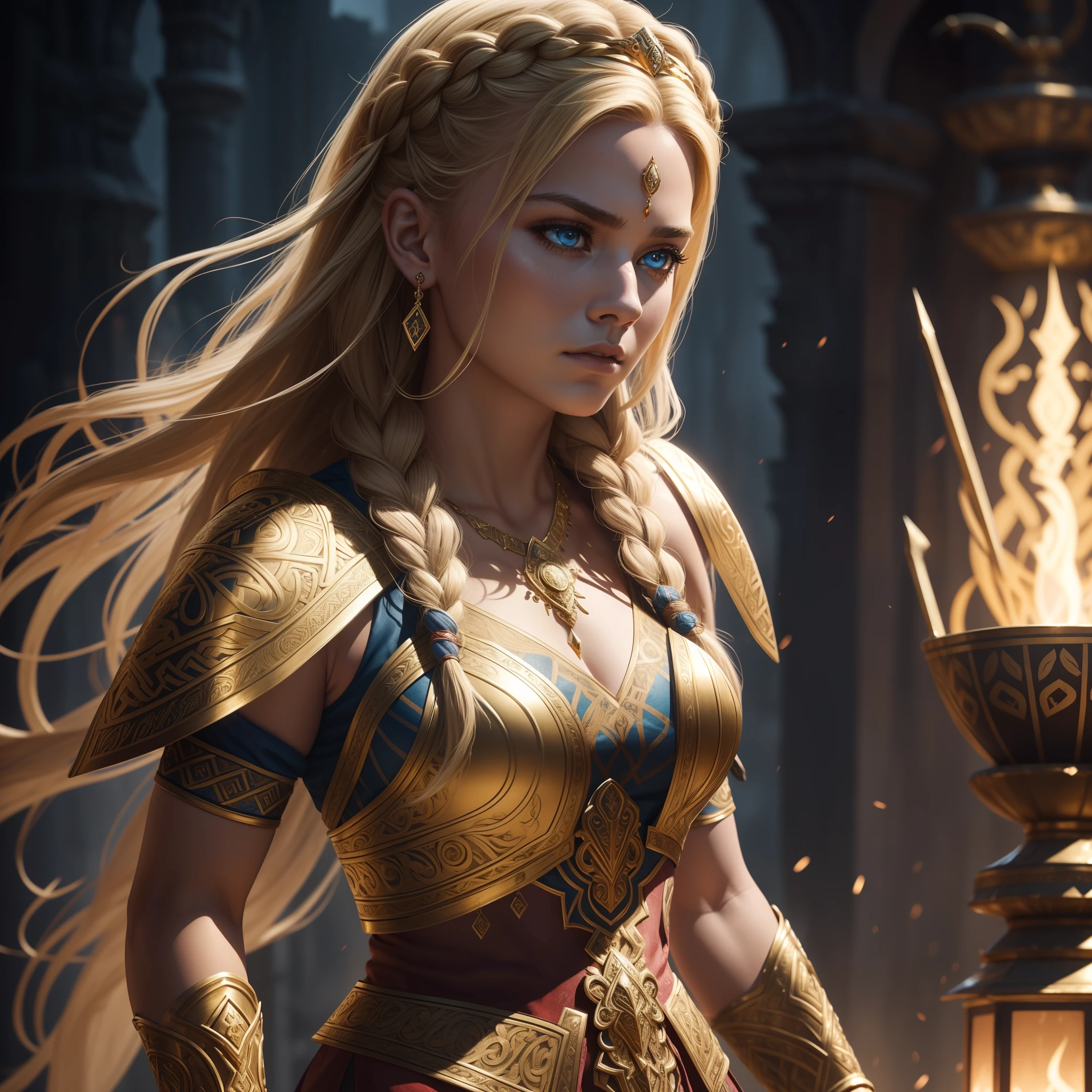 Cinematic detailed photo of a female viking warrior.... wearing a golden armour with intricate details...Cobalt blue tribal marks on her face… dirty blonde braids fell onto her shoulders...in the style of vray tracing, dima dmitriev, intense gaze, masculine, light cyan and red, master of shadows, cinematic lighting, extremely detailed, 4K, center focused, with an artistic touch that echoes the style of intensity and grandeur, embodying a blend of feminine grace and unyielding strength in the grandeur of 4K cinematic artistry. Thunder and lightning with intricate textures and details in the background, suggesting a the lady viking standing victorious in war or chaos, blood spatters add to the dramatisation and cinematic look, beautiful detailed gold ornaments, detailed gold third eye ornament, magic theme, elegant, ornate Beautiful Lighting, hyper realistic, highly detailed, sharp focus.