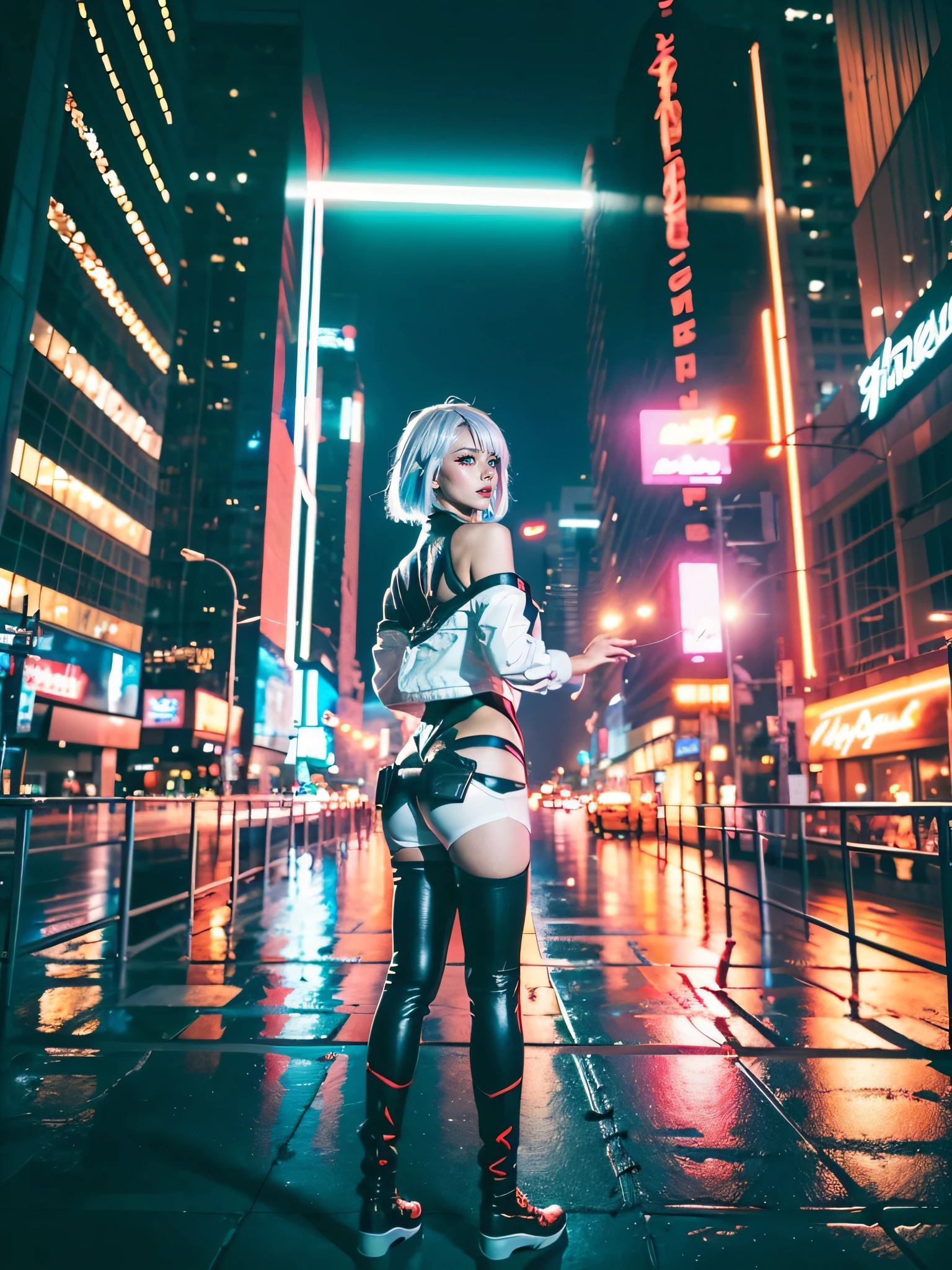 ((Masterpiece, high resolution:1.4), lucy_cyberpunk, (futuristic city at night, neon lights:1), (standing:1.5) , (from behind:1.4), (1girl), white short hair, bangs, ((red eyeliner)), ((makeup)), red lips, white off-shouler jacket, black bodysuit, bare shoulders, white shorts, hip vent, black thighhighs, black boots, highly detailed skin, skin pores, (highly detailed face:1.1), (highly detailed eyes:1.1), realistic pupils, full face blush, full lips, (perfect anatomy:1.1), (perfect proportions:1.1), (photography:1.1), (photorealistic:1.1), volumetric lighting, dynamic lighting, real shadows, (highres:1.1), sharp focus, (realistic, hyperrealistic:1.4), intricate, high detail, dramatic, subsurface scattering, big depth of field, vivid, polished, sharpened, ((full Sharp)), (extremely absurdres),16k hdr,