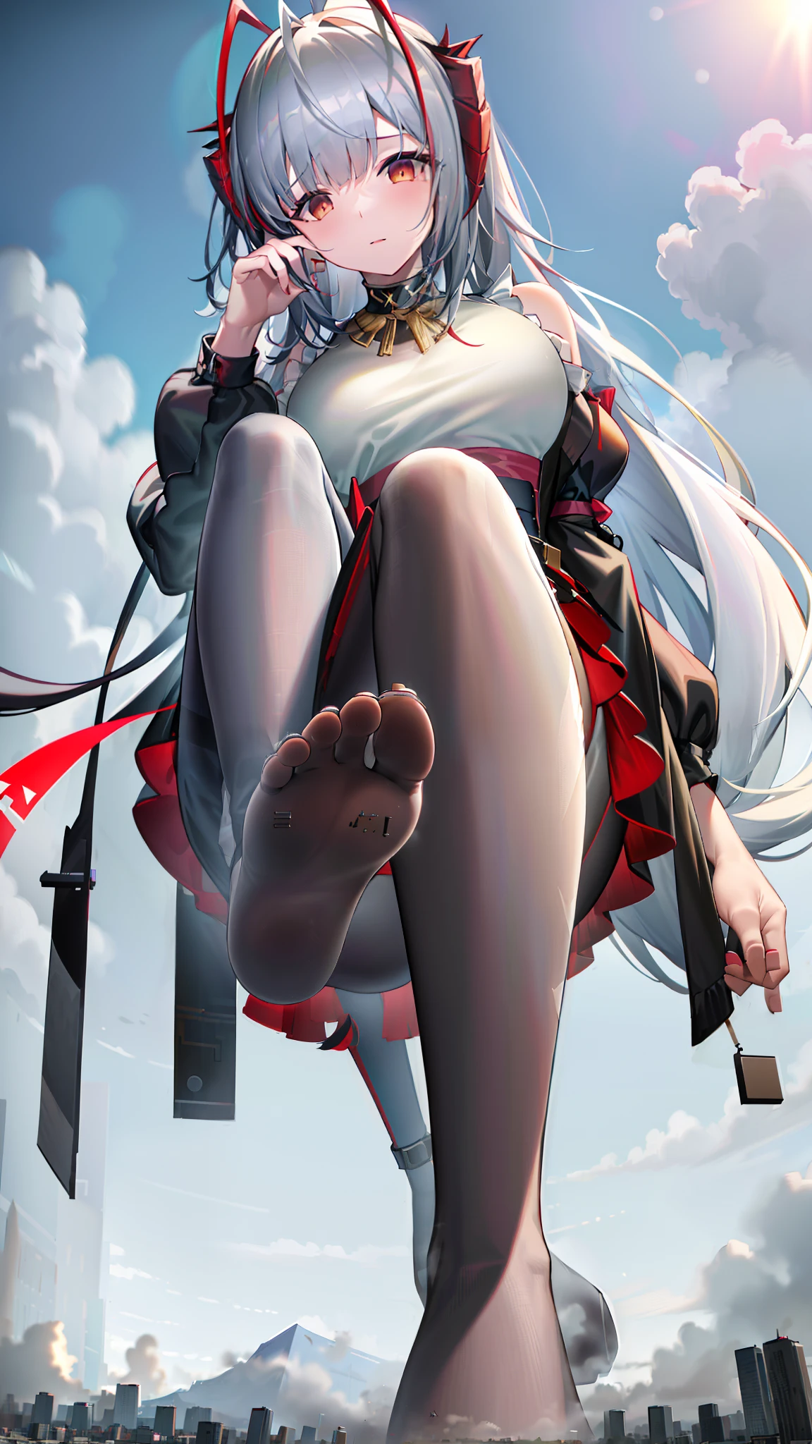 (Masterpiece:1.21), (Best quality:1.1), ((super detailing)), (hyper qualit), (Extremely delicate and beautiful:1.21), 8K,(8K:1.2),(Highest high resolution:1.2),giantess art,(best qualtiy),(tmasterpiece:1.1), (There is only one giantess),giantess art,(Mature giantesses have huge breasts:1.2),(The giantess reveals her stocking-clad feet),(The giantess is 100 meters tall),(At the feet of the giantess there is a group of people), (The crowd was only as tall as the giantess's toes)
