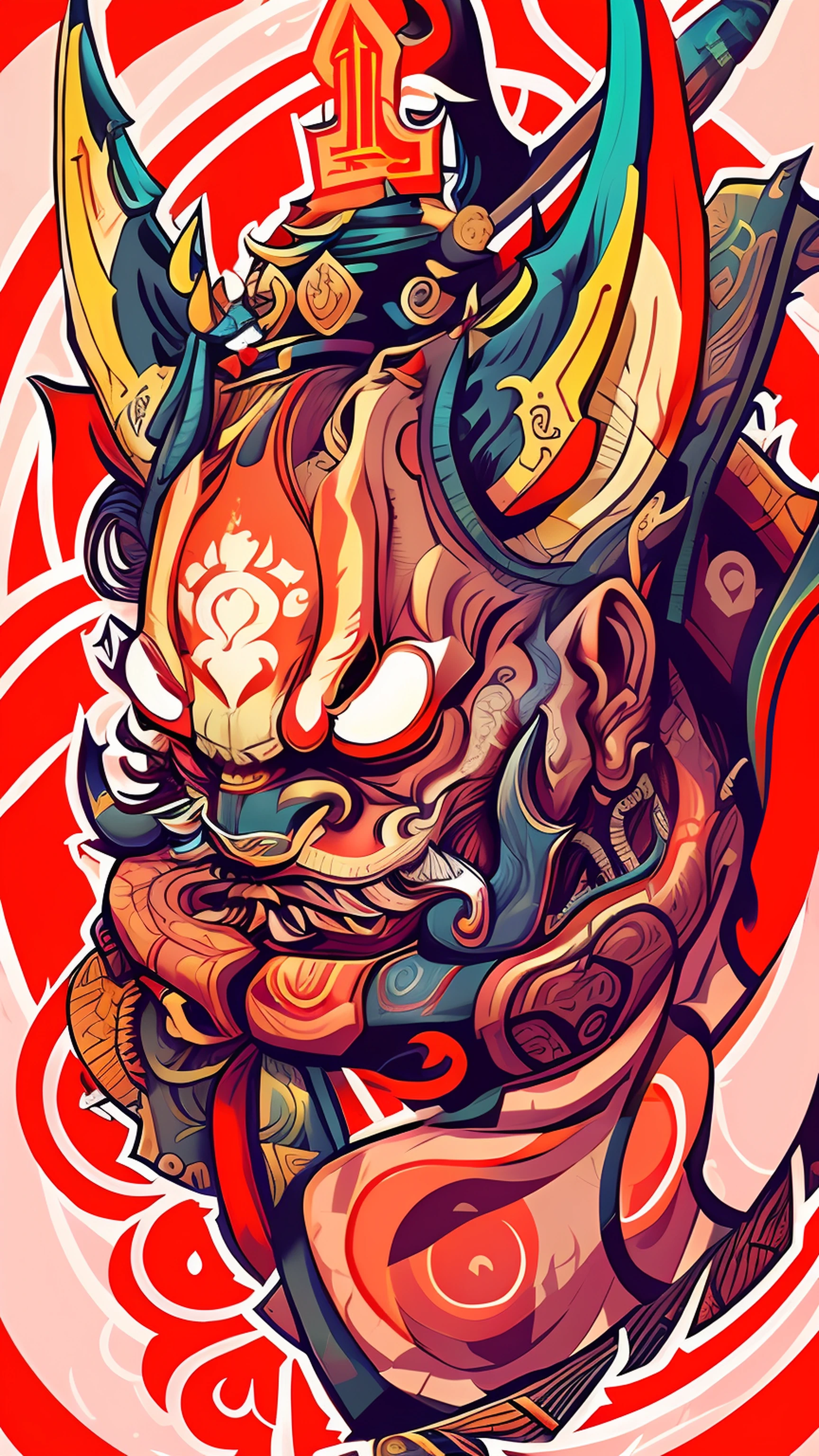 A close-up of a cartoon character with a horned head, oni horns, inspired by Tim Biskup, jc leyendecker and sachin teng, dapper dream demon, asura from chinese myth, oni mask, hyper detail illustration, style of hydro74, author:Android Jones, in the style of sachin teng, Demon Samurai, japanese god