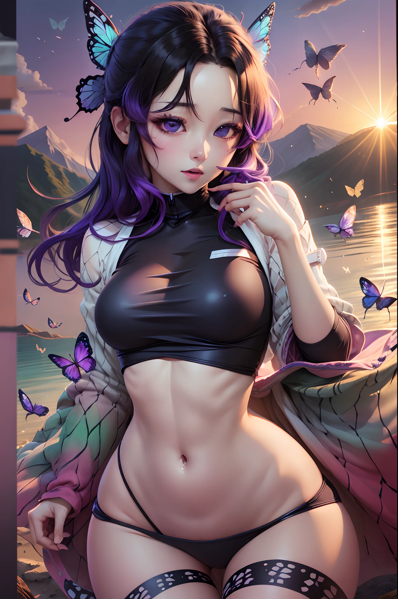 Kochou Shinobu, 1girll,Masterpiece, multicolored hair, Long sleeves, Purple eyes, black bathing suit, White Haori,, multiple butterflies, macaron, belt, Lake, Sunset, Lens flare, Perfect lighting, Highest quality, with hands behind her back, Thick thighs, Large breasts, Highest quality, high resolution.
