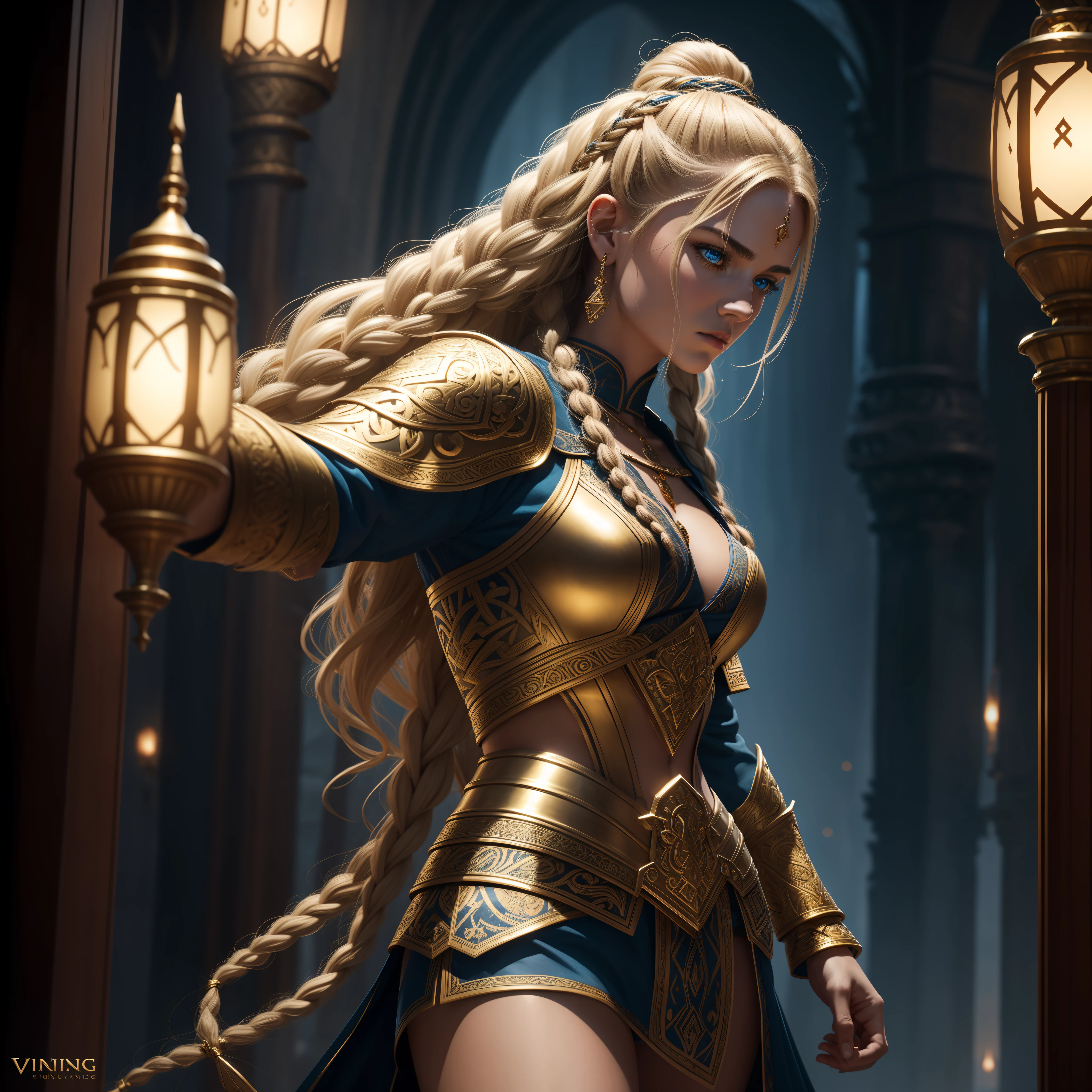 Cinematic detailed photo of a female viking warrior.... wearing a golden armour with intricate details...Cobalt blue tribal marks on her face… dirty blonde braids fell onto her shoulders...in the style of vray tracing, dima dmitriev, intense gaze, masculine, light cyan and red, master of shadows, cinematic lighting, extremely detailed, 4K, center focused, with an artistic touch that echoes the style of intensity and grandeur, embodying a blend of feminine grace and unyielding strength in the grandeur of 4K cinematic artistry. Thunder and lightning with intricate textures and details in the background, suggesting a the lady viking standing victorious in war or chaos, blood spatters add to the dramatisation and cinematic look, beautiful detailed gold ornaments, detailed gold third eye ornament, magic theme, elegant, ornate Beautiful Lighting, hyper realistic, highly detailed, sharp focus.