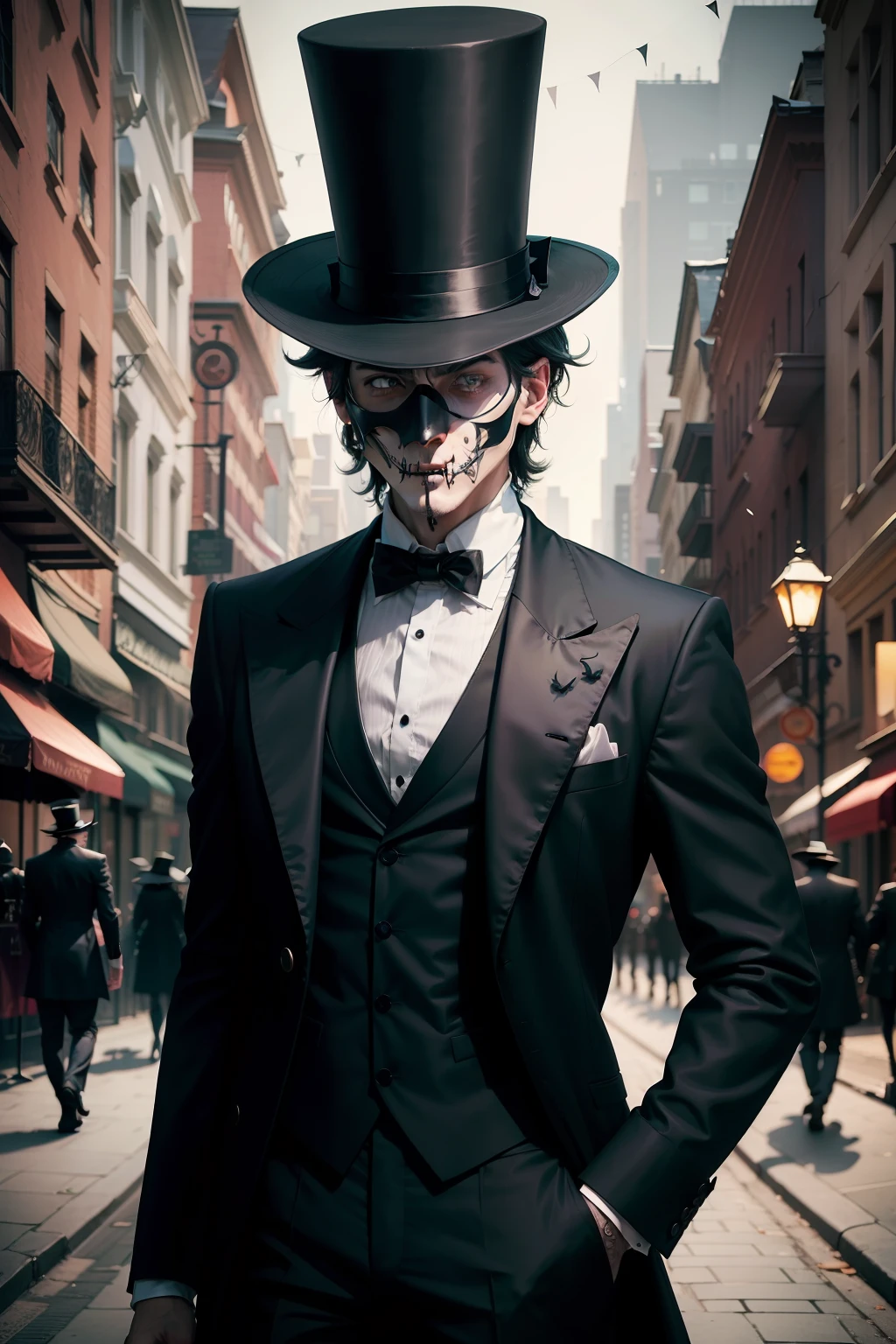 spooky man mask magician top hat street side night no one mask crow on shoulder