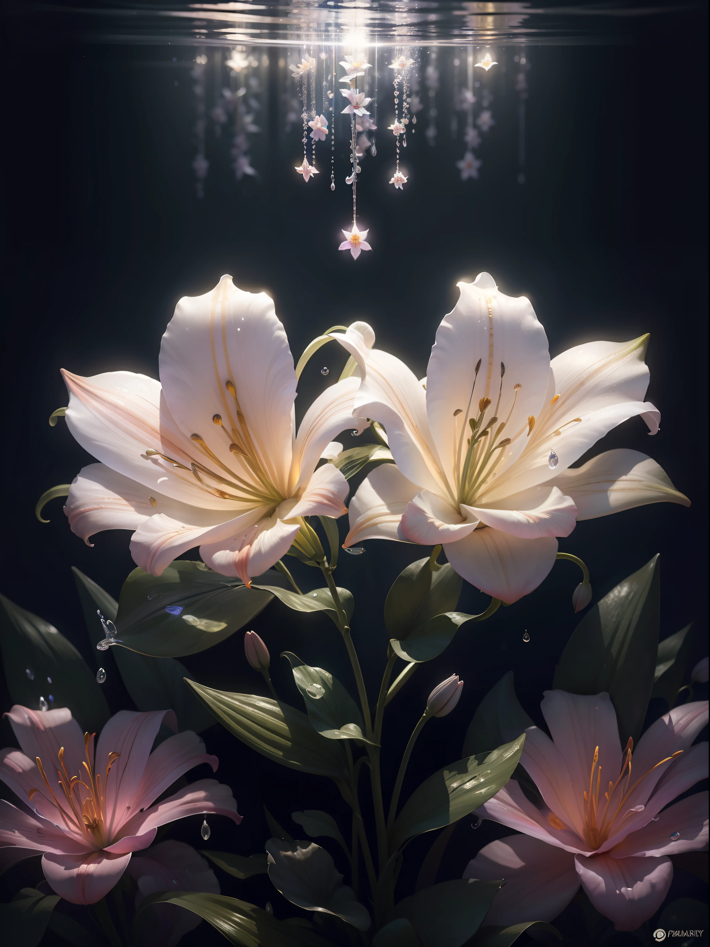 ((lily flowers)),  super transparent,  Holy Light,  beautiful spectral light, petals glow, flashes, Dark background, drops of transparent light, reflective light, Bright, light streaming in, optics, Sharp Focus, Magical, Convoluted, A hyper-realistic, Fantasy composition, light, Trending in art stations, pearls, patronus cloud of silvery vapor, corrosive enveloping ray family, 8K, ureal ar 23v4 uplight