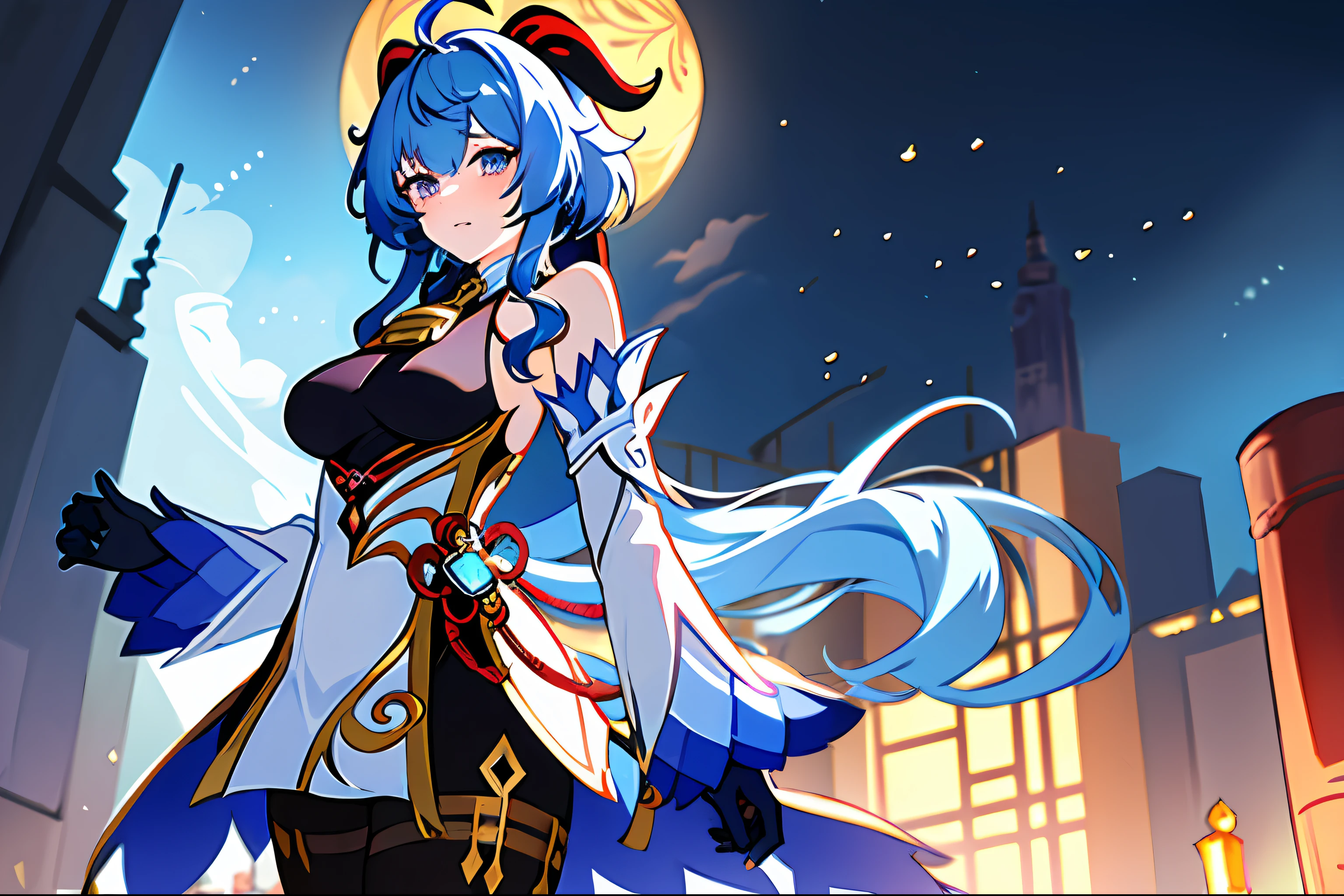Blue-haired anime girl, Sweet rain（the original god）, tmasterpiece, Need, Portrait details, Ultra-fine illustration, Gentle demeanor, Unicorn, tightsuit, cropped shoulders, east asian architecture, black glove, Neckbells, long whitr hair, To the audience, Zhongjie, the night, outside, Dull hair, White sleeves, the nightBlue-haired anime girl,ganyu\(genshin impact\), 1girl, ahoge, architecture, bangs, bare shoulders, bell, ,,black gloves, black tights, ((blue hair), blush, breasts, chinese knot, sleeve, East Asian architecture, flower knot, glove, horn, long hair, , medium chest, neckbell, night, outdoor, pantyhose, sideburns, solo, tassels, white sleeves, ((masterpiece