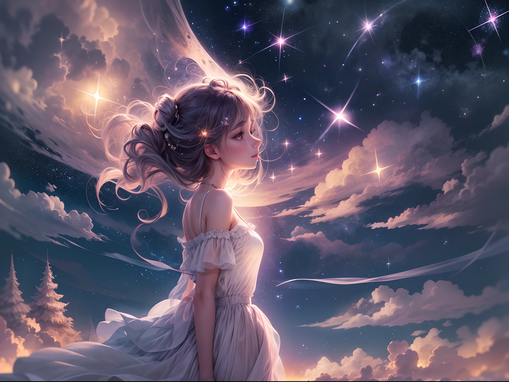 Anime girl in white dress looking at the stars in the sky - SeaArt AI