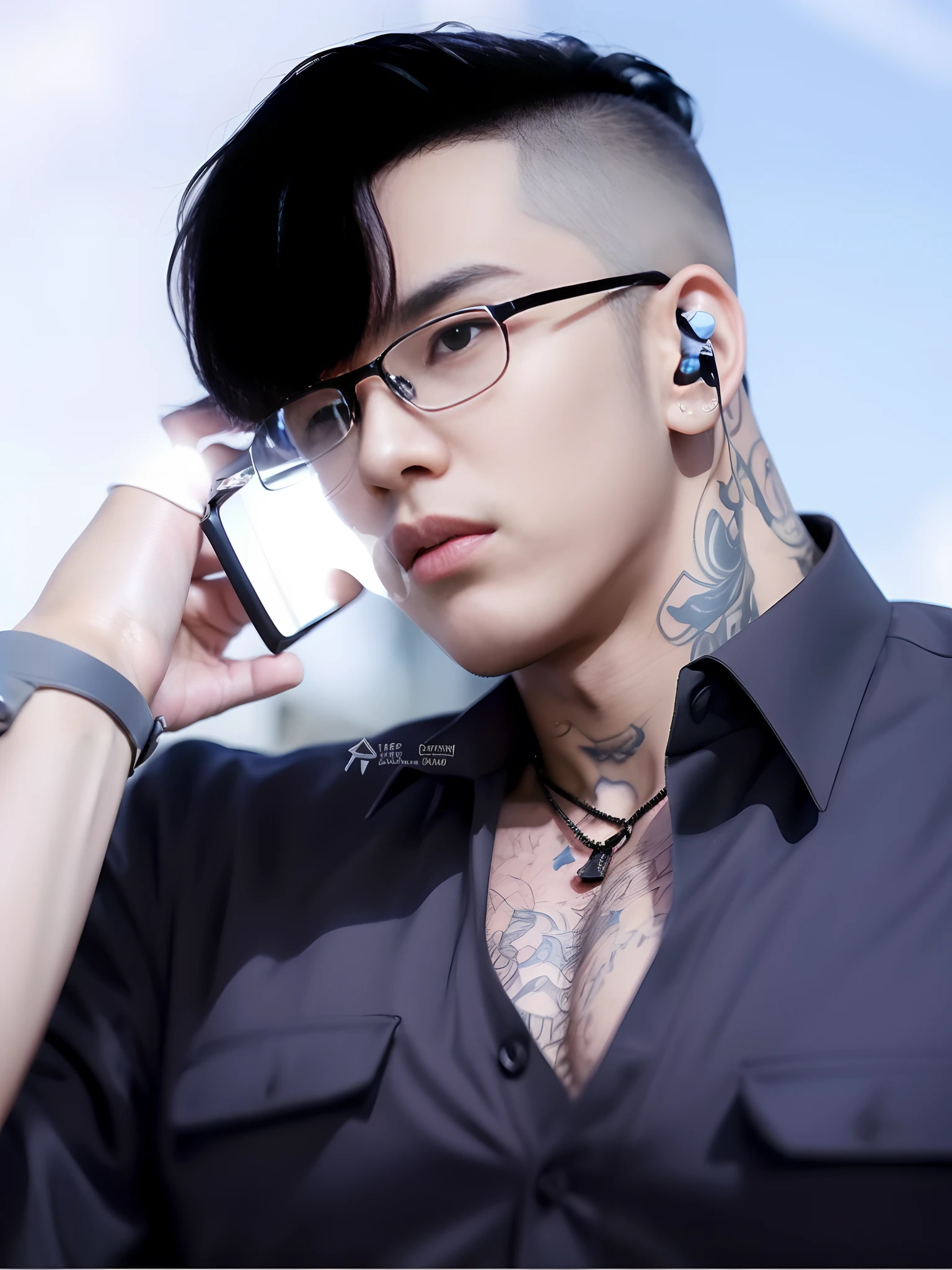 Realistic ultra-detailed a asian men with talking on a cell phone from the webtoon Wind Breaker. ((glasses)), He has black hair, lip incision, ((tatto in his neck and chest)). Use a 70mm lens for a stunning portrayal."