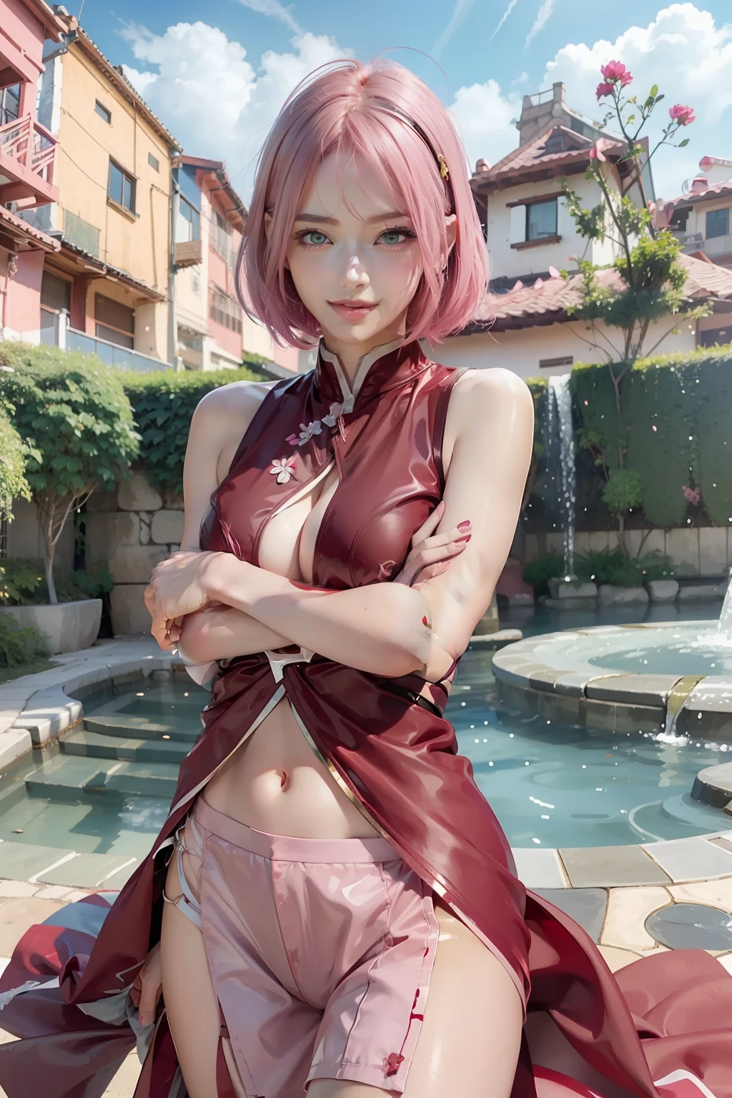 1girl, haruno sakura, short hair, sexy dress, pink hair, green eyes, smile, beautiful, red clothes, very big breast, sexy clothes, outdoor background, ultra detail, realistic