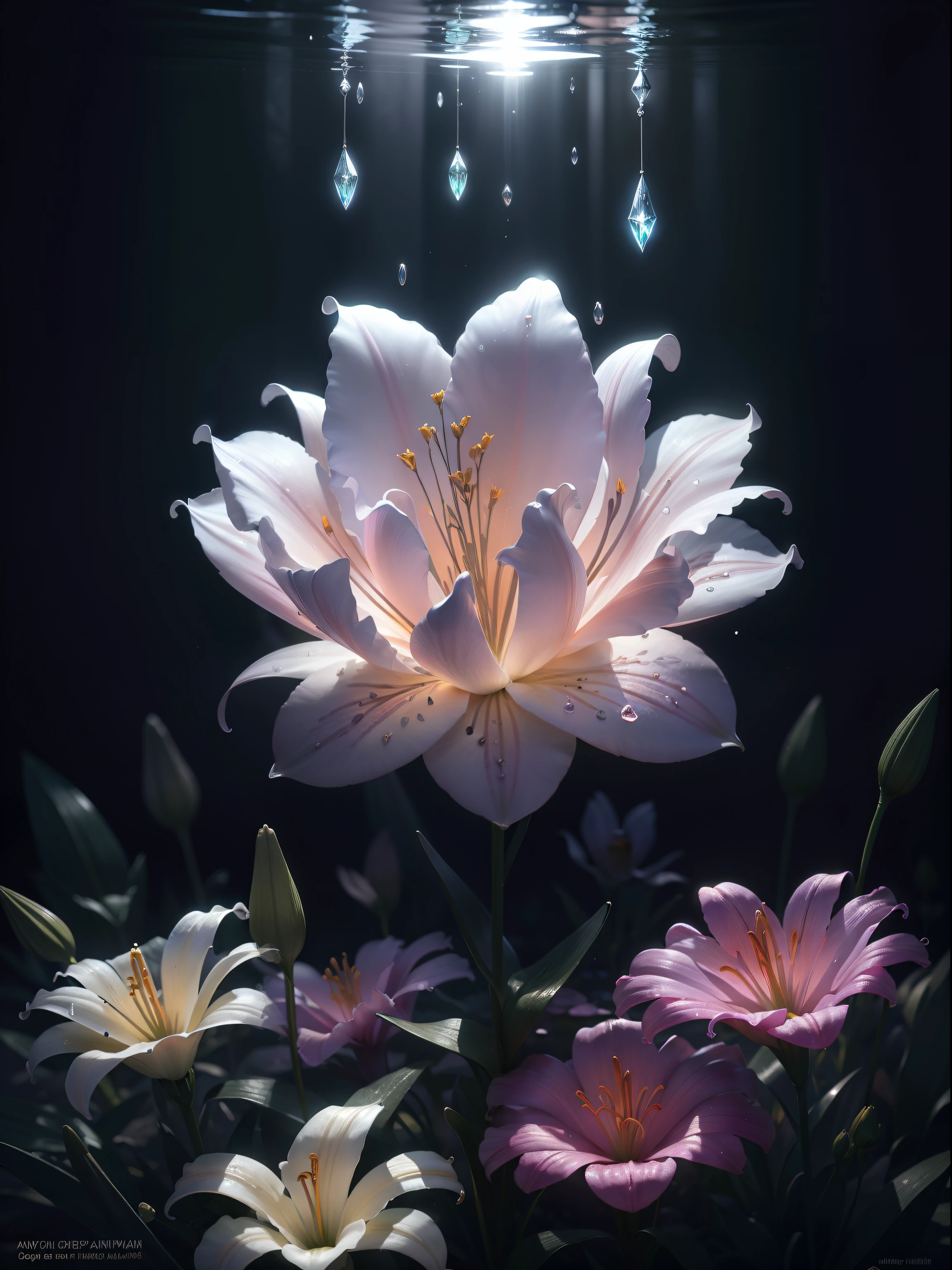 ((lily flowers)),  super transparent,  Holy Light,  beautiful spectral light, petals glow, flashes, Dark background, drops of transparent light, reflective light, Bright, light streaming in, optics, Sharp Focus, Magical, Convoluted, A hyper-realistic, Fantasy composition, light, Trending in art stations, pearls, patronus cloud of silvery vapor, corrosive enveloping ray family, 8K, ureal ar 23v4 uplight