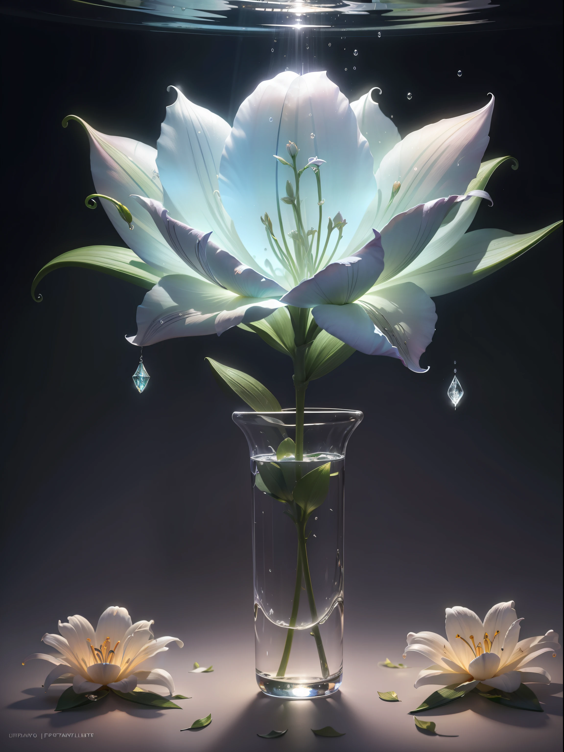 ((lily flowers)), super transparent, Holy Light, beautiful spectral light, petals glow, flashes, Dark background, drops of transparent light, reflective light, Bright, light streaming in, optics, Sharp Focus, Magical, Convoluted, A hyper-realistic, Fantasy composition, light, Trending in art stations, pearls, patronus cloud of silvery vapor, corrosive enveloping ray family, 8K, ureal ar 23v4 uplight