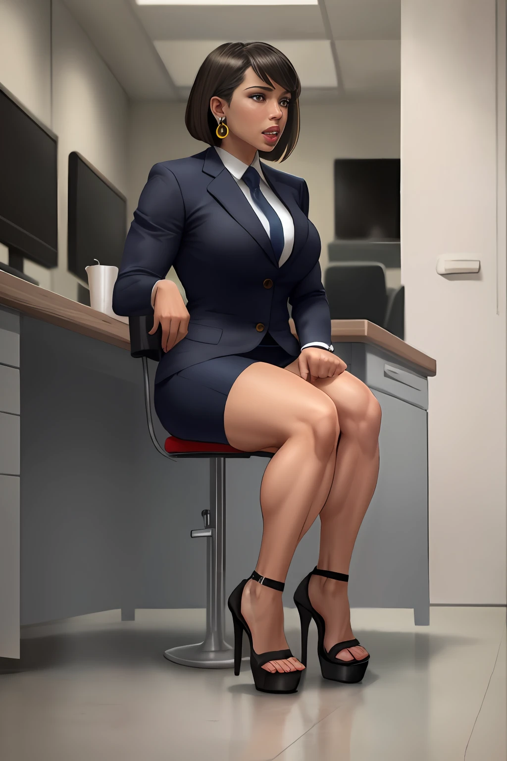 Brazilian, Bob haircut, sexy secretary, muscular legs, muscular calves, Strong legs, muscular hips, wide thighs, Curvy hips, A full body shot, high-heeled sandals, tights in a net, Stiletto heels, Women's business suit with a short skirt, large ring earrings, He really wants to pee, in office, sitting at a table, Talking on the phone, wants to pee, desperately wants to pee, wants to urinate, An expression of shame on his face, confusion, Desperation on the face, crying, pinches the crotch with his hand, crumples the hem of the skirt with his hands, Knees clenched together, Tense posture, bites his lower lip, full bladder, terribly wants to go to the toilet, anatomically correct, Realistic, side-view