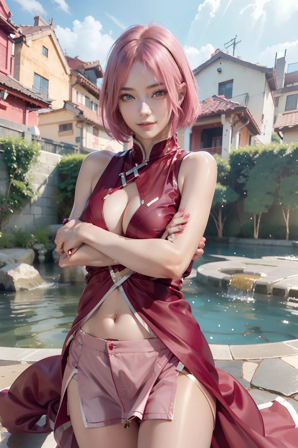 1girl, haruno sakura, short hair, sexy dress, pink hair, green eyes, smile, beautiful, red clothes, very big breast, sexy clothes, outdoor background, ultra detail, realistic