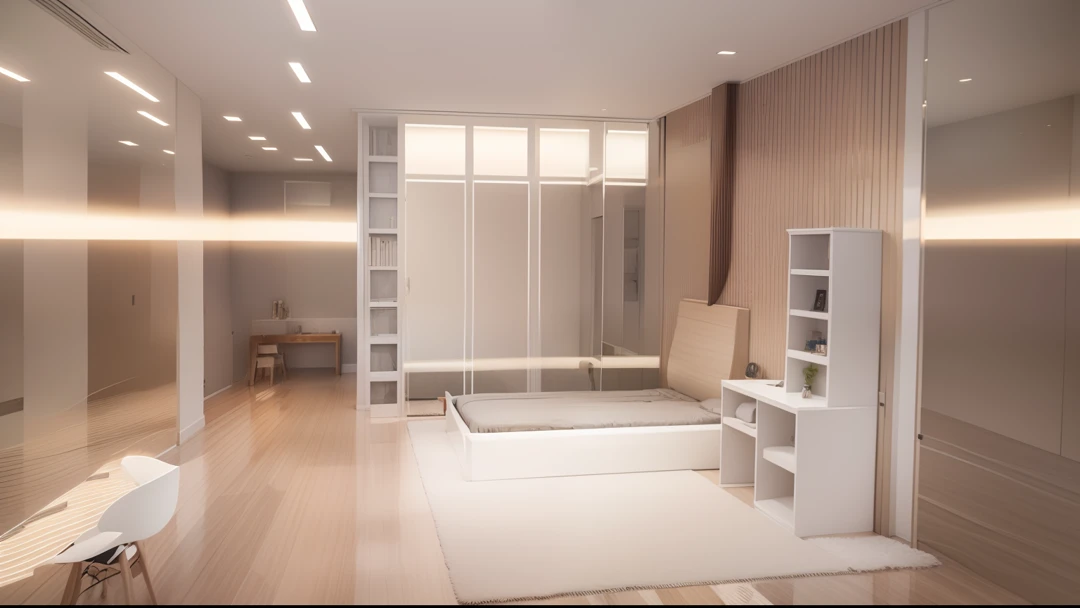 Masterpiece, high quality, best quality, authentic, super detailed, interior, bedroom, 1 bed, 1 mirror, wardrobe, curtains, windows, white ceramic tile floor, carpet, modern style.