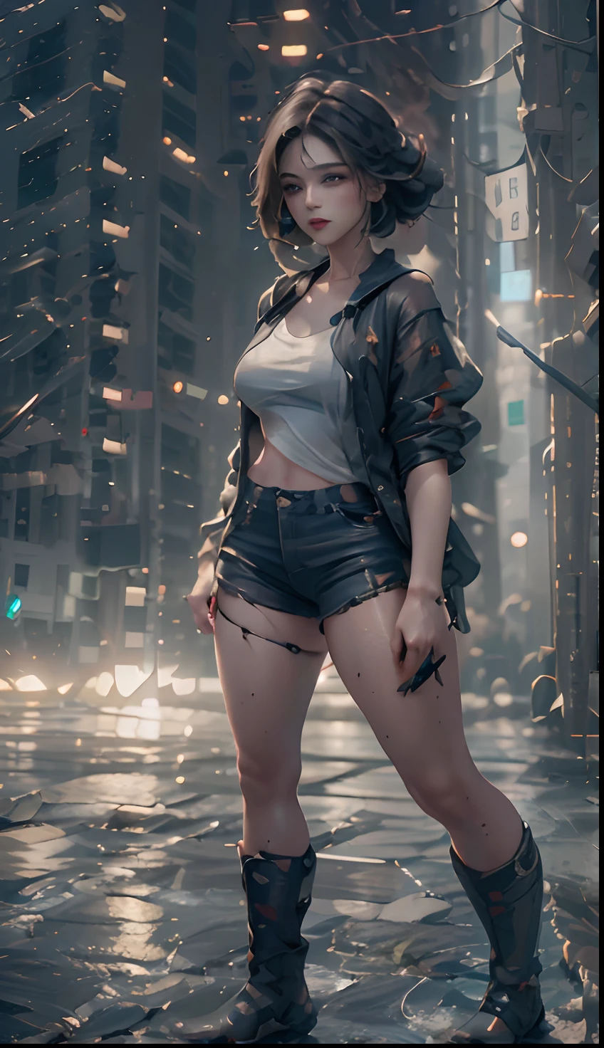Mulher bonita com cabelo ondulado curto, olhos delicados e encantadores, entalhe da coxa, pernas longas sexy, camiseta em shorts pequenos, cyberpunk futurista bonito + cidade, mistborn, humid, chuva, obra-prima de melhor qualidade, realista, detalhado, 8k, HDR, profundidade de campo rasa, luz ampla, alto contraste, luz de fundo, flooding, flash, chromatic aberration, foco nítido, foto de cor RAW