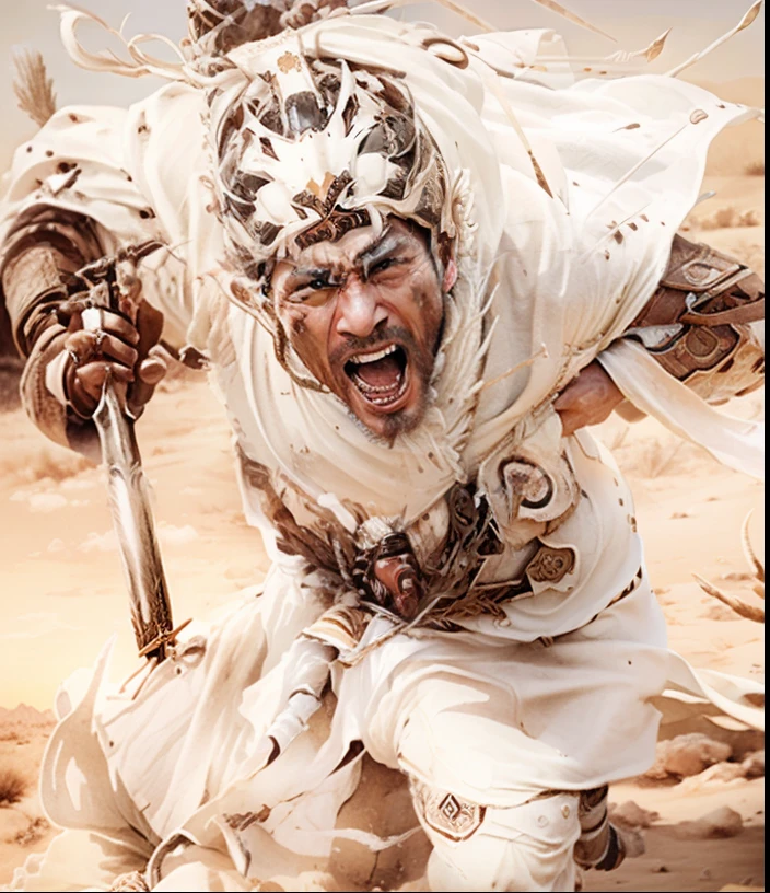 Screaming man in white clothes with spear、A desert