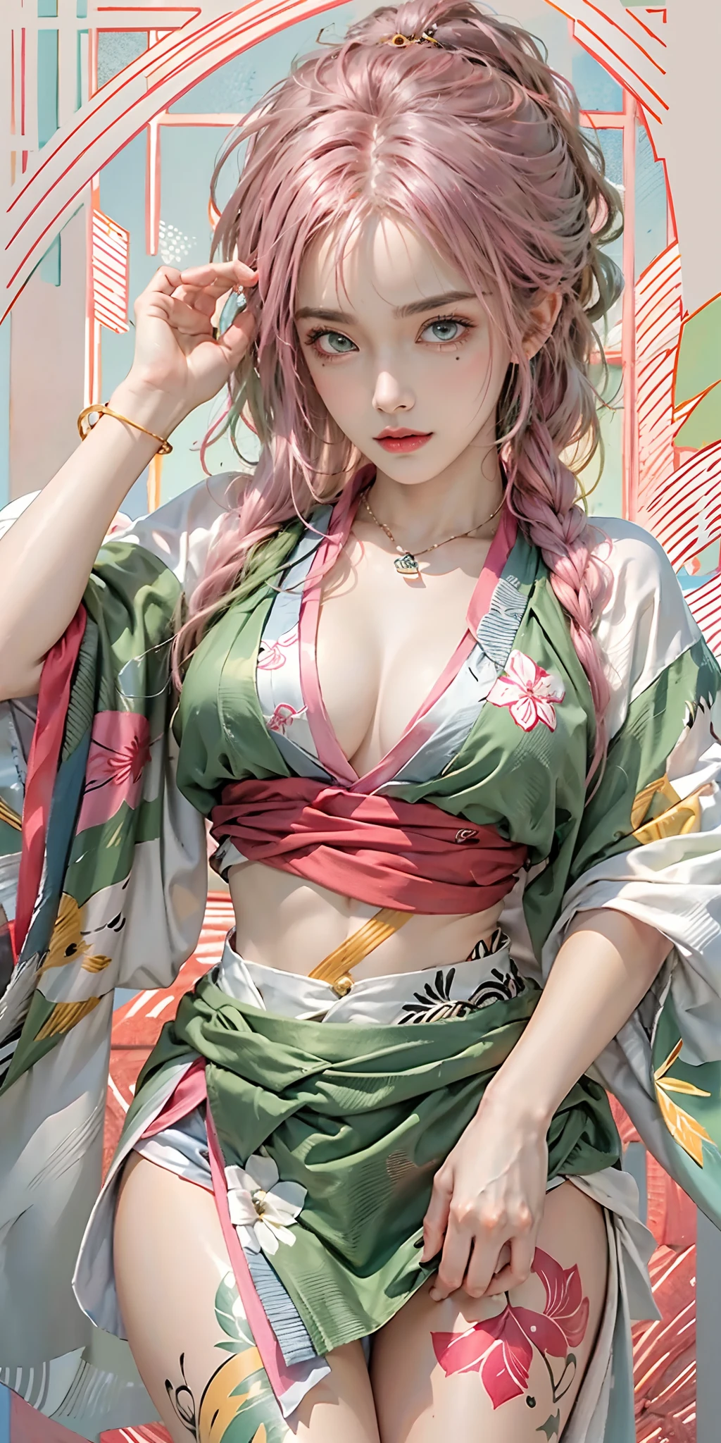 photorealistic, high resolution, soft light,1women, solo, hips up, (detailed face), nami \(one piece\), tattoo, jewelry,Pink and green hair, Colored eyes, kimono, MitsuriDS