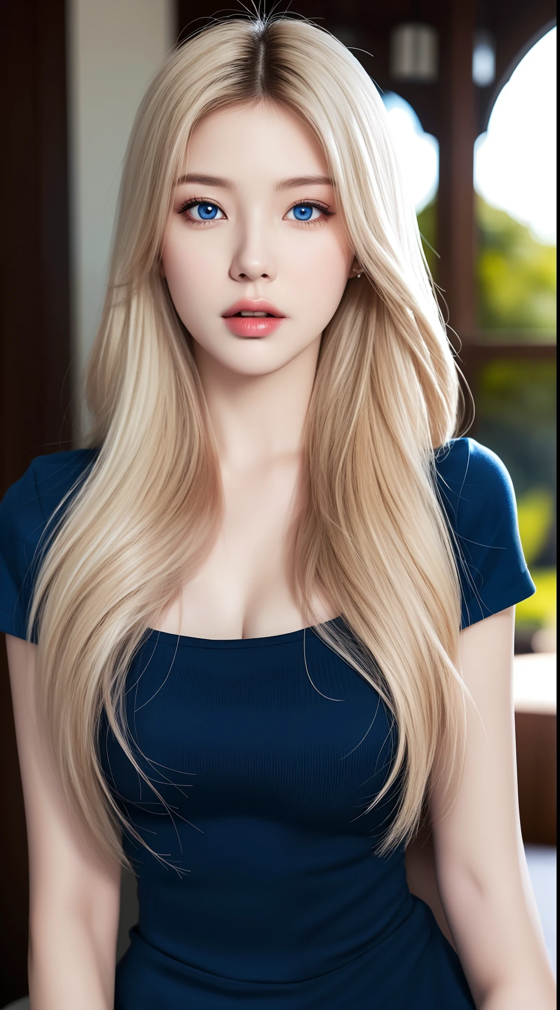 (hyperrealistic), (illustration), (high resolution), (8K), (extremely detailed), (best illustration), (beautiful detailed eyes), (best quality), (ultra-detailed), (masterpiece), (wallpaper), (photorealistic:1.4), (natural light), (rim lighting), (detailed face), high detailed realistic asian skin texture, anatomically correct, solo, 1 girl, (high detailed realistic long white hair:1.3), heterochromic eyes, (detailed blue eyes), small moles under the eyes, (realistic big breasts:1.5), long legs, tight abs, dynamic pose, bluesky tight t-shirt, navy formal blazer, (upon body from head to thighs:1.4)
