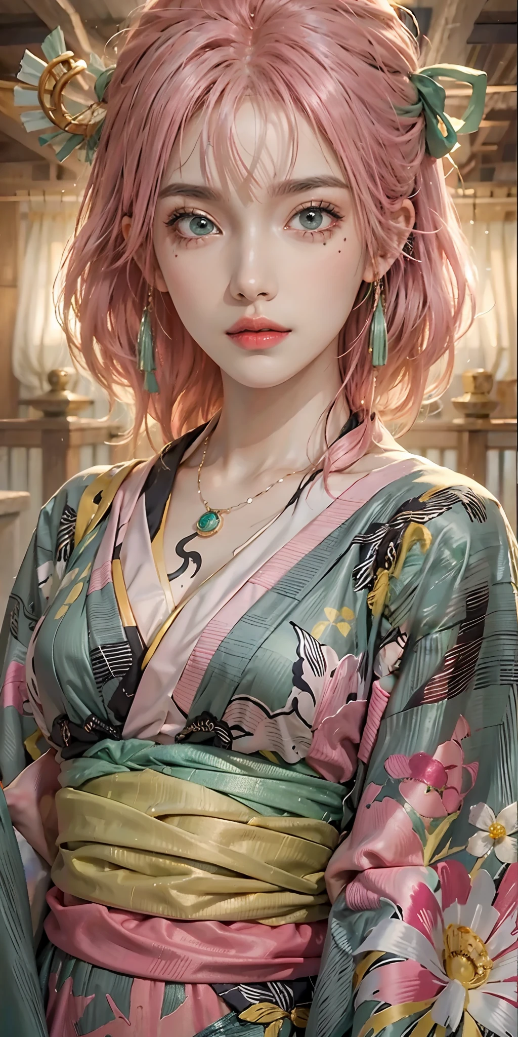 photorealistic, high resolution, soft light,1women, solo, hips up, (detailed face), nami \(one piece\), tattoo, jewelry,Pink and green hair, Colored eyes, kimono, MitsuriDS