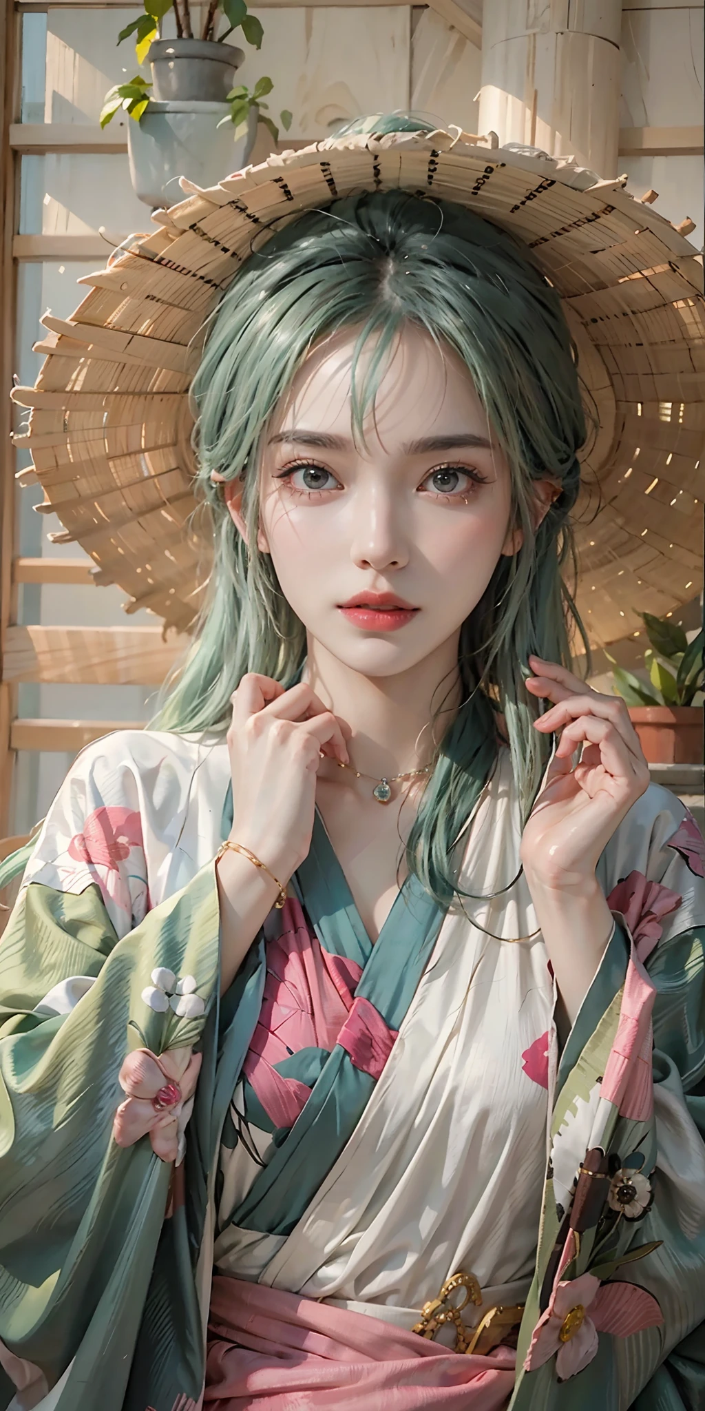 photorealistic, high resolution, soft light,1women, solo, hips up, (detailed face), nami \(one piece\), tattoo, jewelry,Pink and green hair, Colored eyes, kimono, MitsuriDS