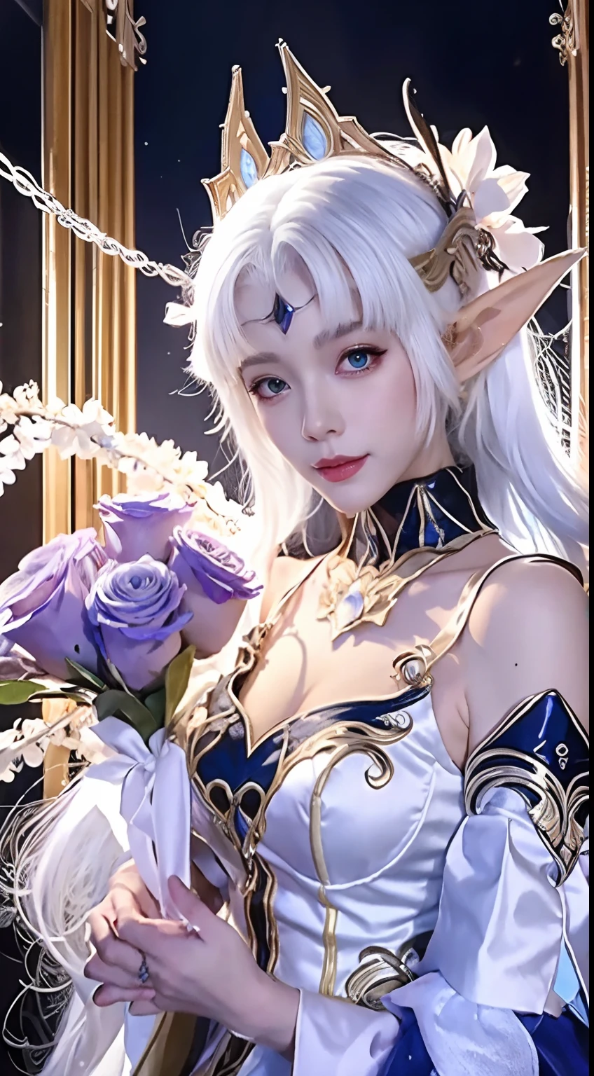 anime girl with white hair and blue dress holding a bouquet, beautiful celestial mage, beautiful character painting, extremely detailed artgerm, beautiful and elegant elf queen, wlop rossdraws, 8k high quality detailed art, fantasy art style, anime fantasy illustration, by Yang J, detailed fantasy art, fanart best artstation, wlop and rossdraws