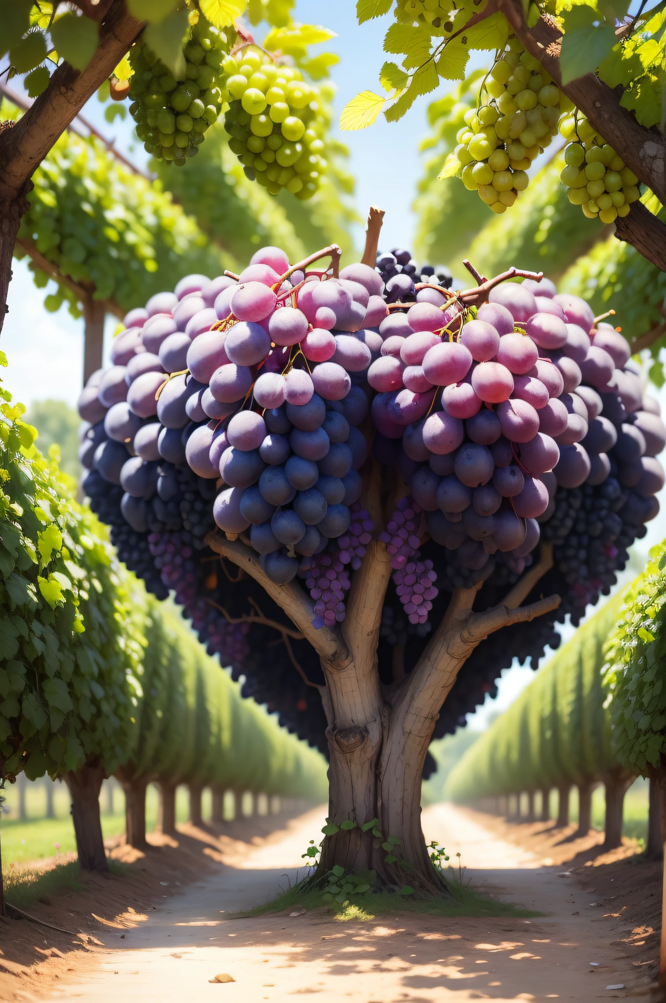 In the yard，There is a big bunch of grapes，Colorful grapes，high qulity，k hd，Grows on trees，Lots of strings，Very long one，Or many fruits，apples，water melon，Pear