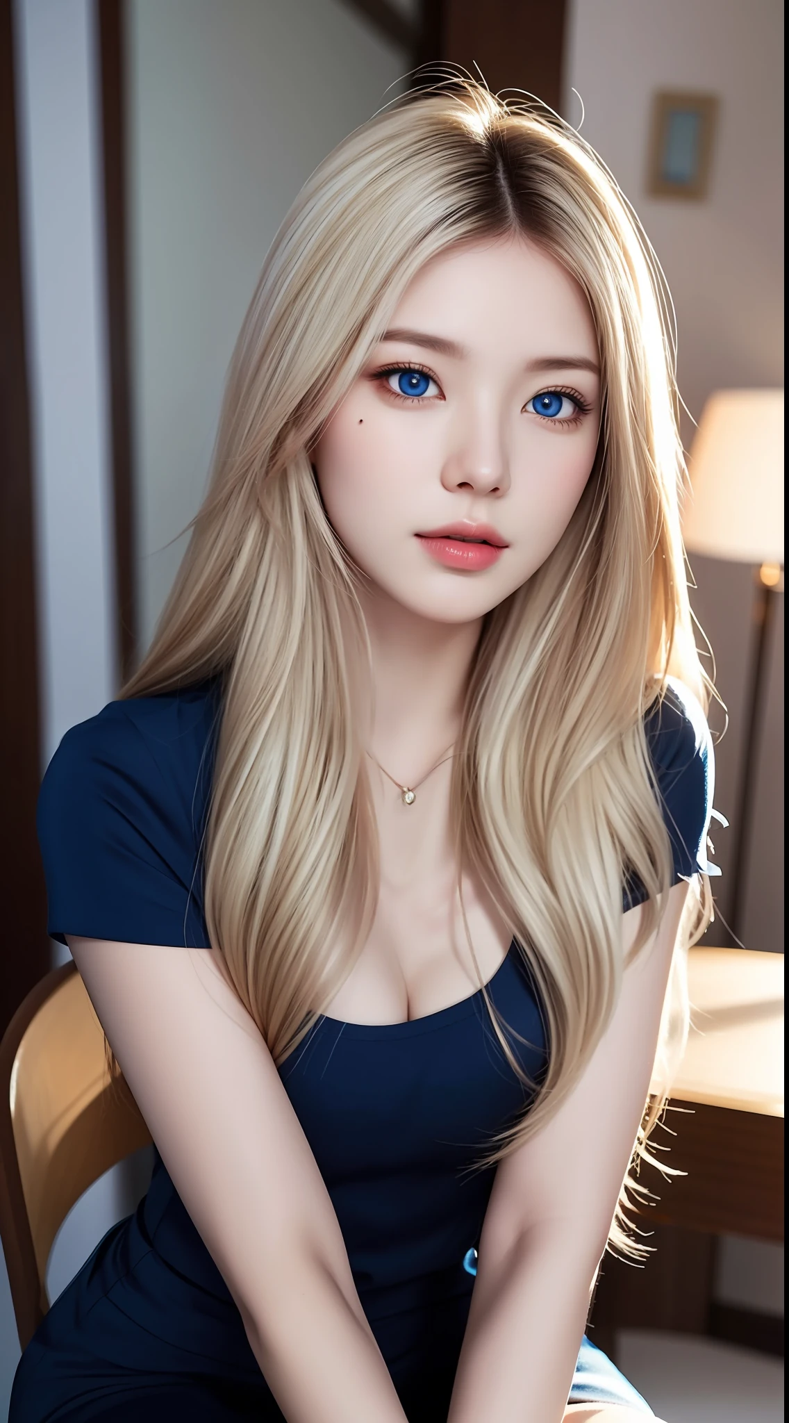 (hyperrealistic), (illustration), (high resolution), (8K), (extremely detailed), (best illustration), (beautiful detailed eyes), (best quality), (ultra-detailed), (masterpiece), (wallpaper), (photorealistic:1.4), (natural light), (rim lighting), (detailed face), high detailed realistic asian skin texture, anatomically correct, solo, 1 girl, (high detailed realistic long white hair:1.3), heterochromic eyes, (detailed blue eyes), small moles under the eyes, (realistic big breasts:1.5), long legs, tight abs, dynamic pose, bluesky tight t-shirt, navy formal blazer, (upon body from head to thighs:1.4)