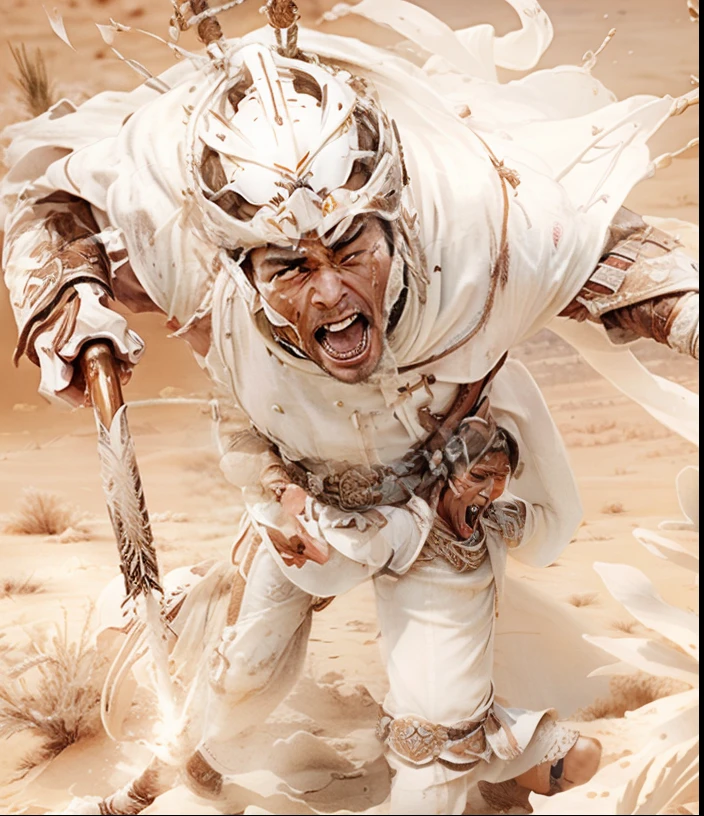 Screaming man in white clothes with spear、A desert