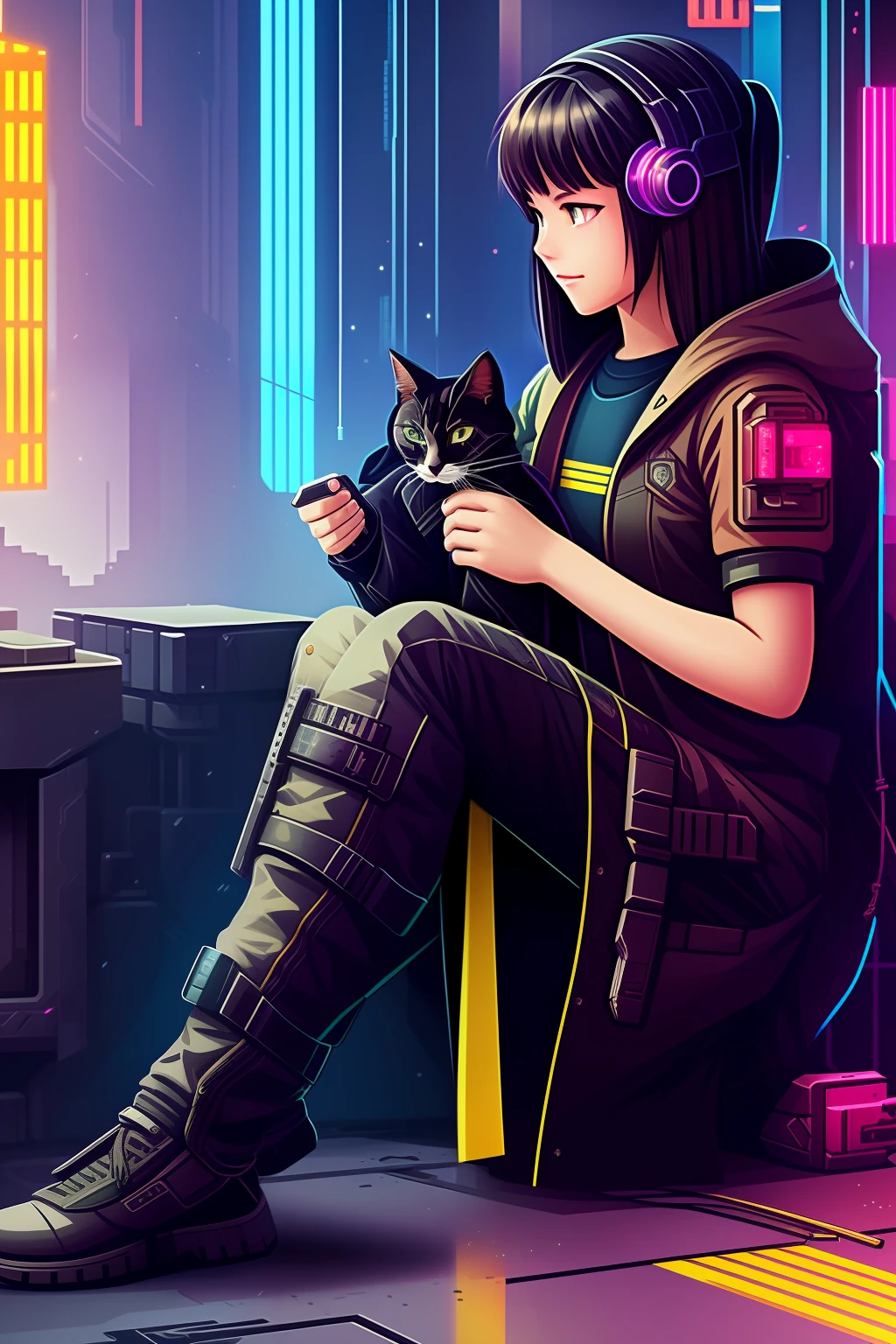 Pixelated in cyberpunk style，A young girl and the firearm in her hand appeared，The cat snuggled up to her leg，It shows a strong sense of technology。