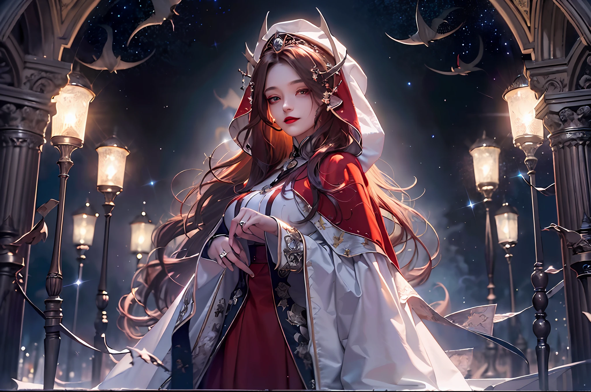 a picture of an exquisite beautiful female vampire standing under the starry night sky on the porch of her castle, full body (ultra detailed, Masterpiece, best quality), ultra detailed face (ultra detailed, Masterpiece, best quality), ultra feminine, grey skin, red hair, wavy hair, dynamic eyes color, cold eyes, glowing eyes, intense eyes, smirking, smile with [[drops of blood on face]], dark red lips, [fangs], wearing white dress (ultra detailed, Masterpiece, best quality), blue cloak (ultra detailed, Masterpiece, best quality), long cloak, flowing cloak (ultra detailed, Masterpiece, best quality), high heeled boots [[in starry night sky]], sky full of stars background, moon, bats flying about, high details, best quality, 8k, [ultra detailed], masterpiece, best quality, (ultra detailed), full body, ultra wide shot, photorealism, dark fantasy art, dark fantasy art, gothic art, many stars, gothic art, sense of dread,