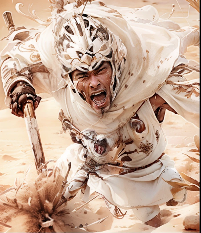 Screaming man in white clothes with spear、A desert