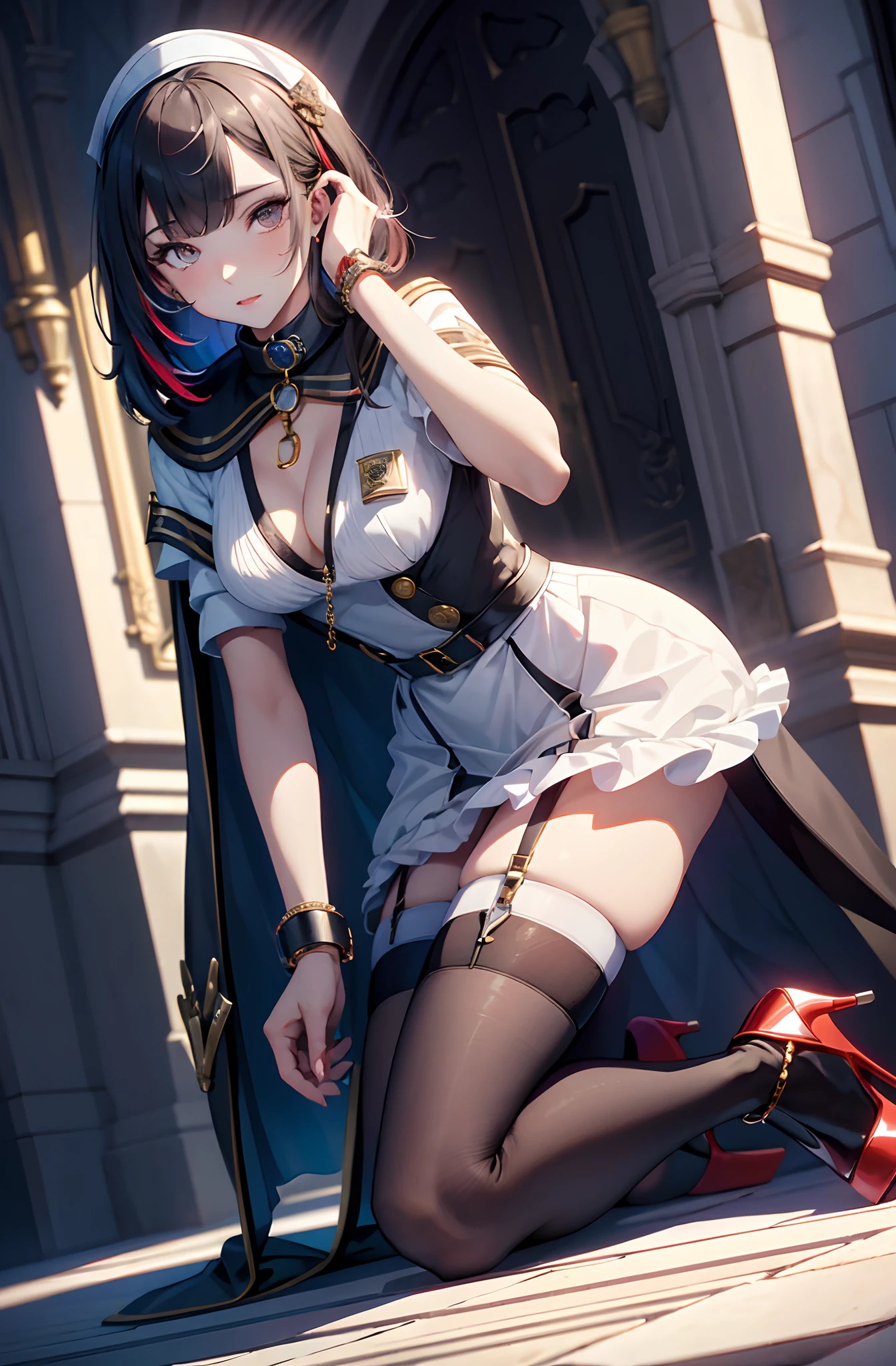 best qualityer,tmasterpiece,Ultimate resolution,downy,Extremely colorful,stewardess,Normal posture,Redlip,Collar,Kneeling pose,shackle,behead,Collar,handcuff,Anklets,(white stockings),high-heels,Normal posture