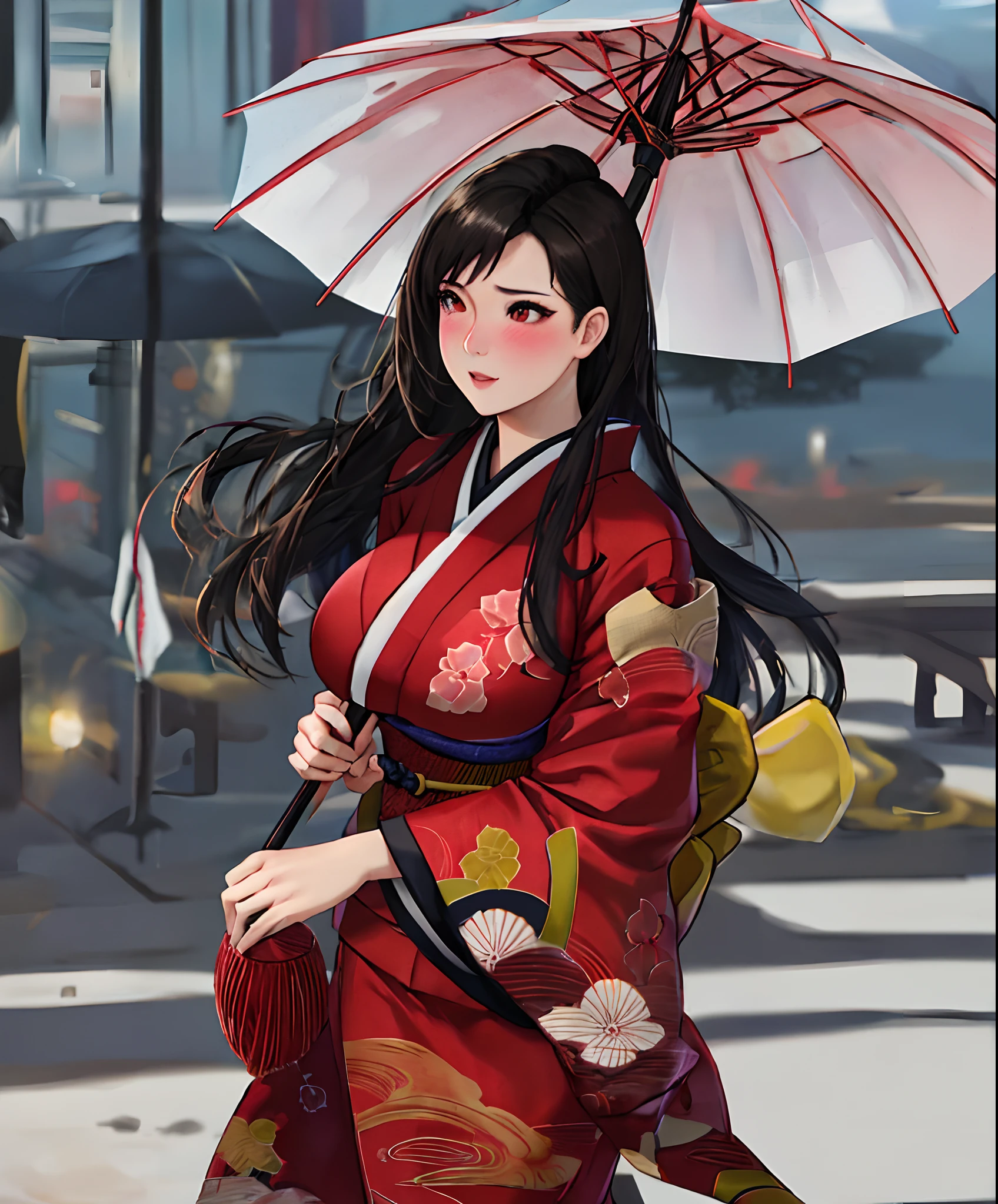 8k,masterpiece, bset quality,huge tit、(1girl in)、tifa lockhart、red_eyes、black hair、long hair、professional lighting、femele、wear(Red kimono_Clothes:1.Wearing 3)、holding umbrella、(shinny skin:1.2)、Shiny big、 ((top-quality))、 Crisp focus:1.2、Highly detailed facial and skin texture、A detailed eye、face perfect、perfect bodies、art by、CG、Blur the background、Big breasts with a strong presence、(20yo、Mature cool and beautiful face)、red blush、(Mittgarh)、randome pose、top view、