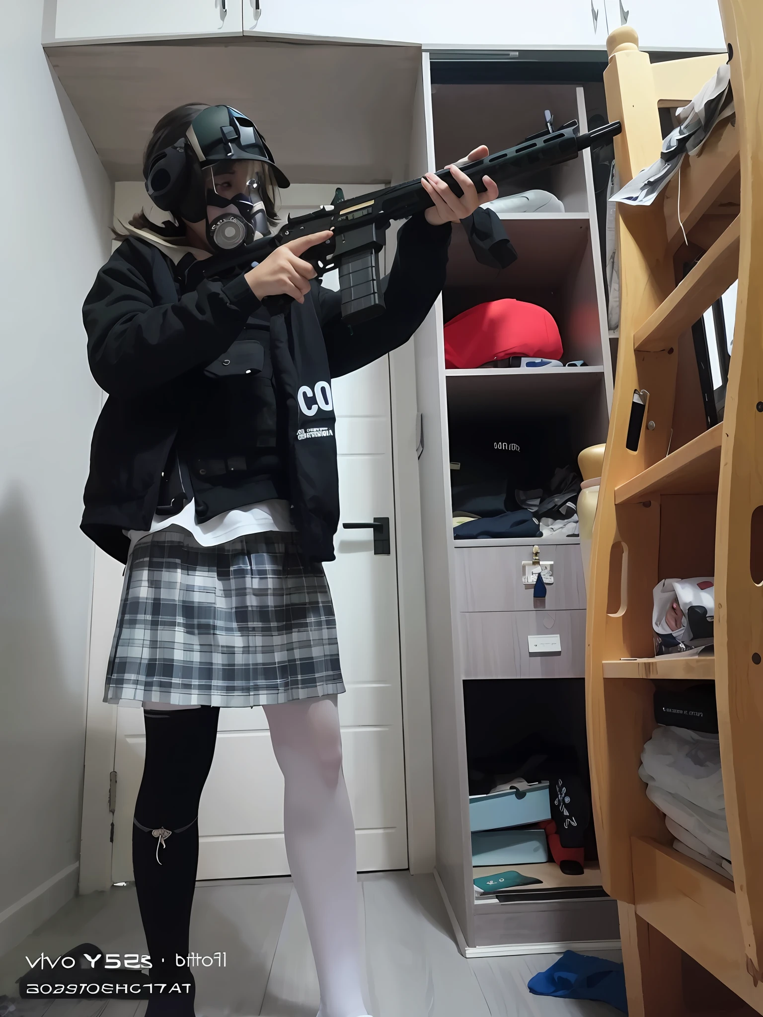 There was a beautiful girl in a kilt with a rifle in the room, Wear tech clothing, wearing a kilt, wearing skirt and high socks, with rifle, , full body wide shot, Full body picture, full body shot of, full bodyesbian! preparing to fight, JK school uniform, indoor shooting, full body with costume,Cover your face,mouth mask