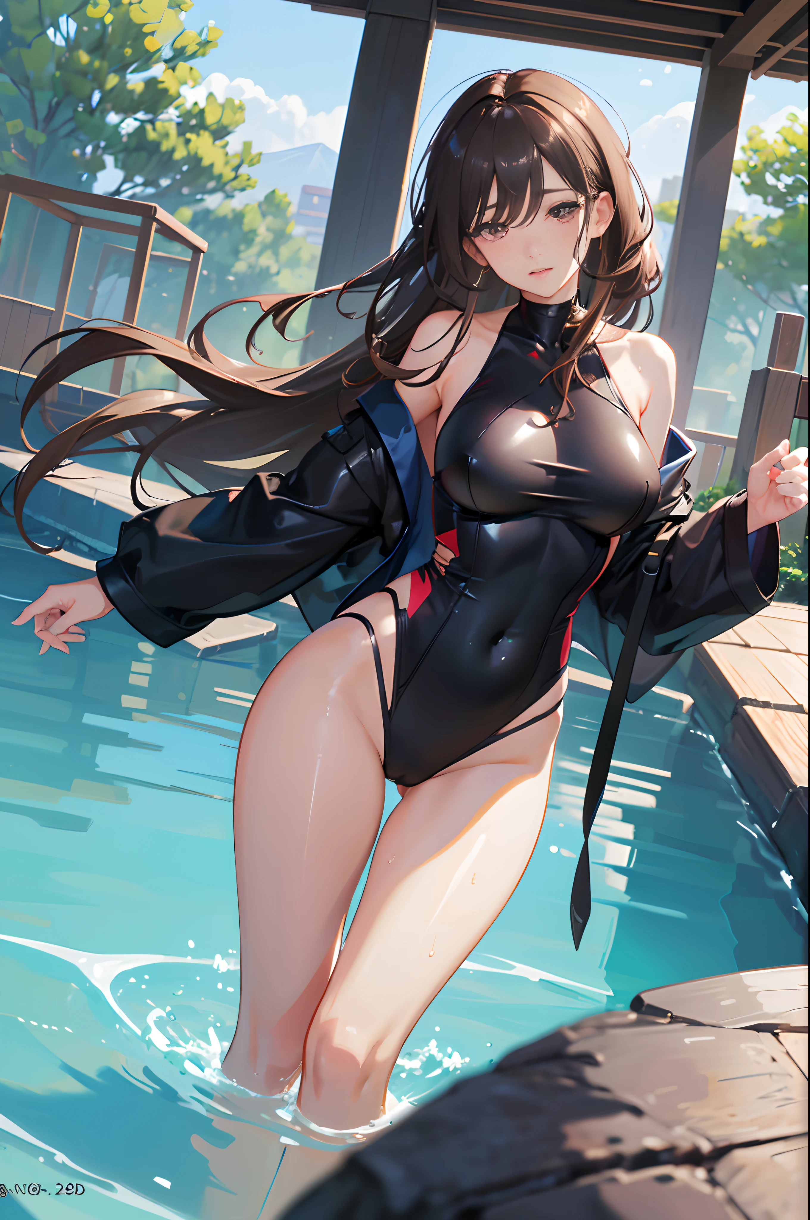 (Best quality, 8k, 32k, Masterpiece, UHD:1.2),Photo of Pretty Japanese woman, 1girl, (large breasts), tall female, slender figure, (dark brown hair), double eyelid, wet swimsuit, pool