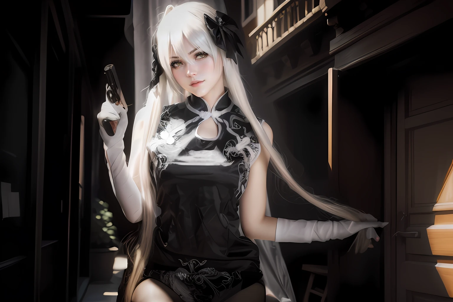 The blonde woman was holding a gun in a black corset and white gloves, Tifa Lockhart with white hair, Anime girl cosplay, cosplay foto, Also, elegant glamourous cosplay, misa amane *, twintails white_mitts, Anime cosplay, portrait shooting, nier inspired, nier : automata inspired, nier:automata inspired, cosplay, Gorgeous Role Play, rococo cyberpunk