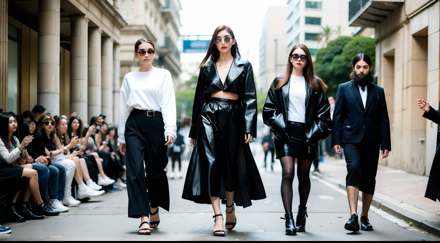 Sunglasses, red skin, 1 girl, yellow eyes, long black hair, black jacket, black pants, walking on the street