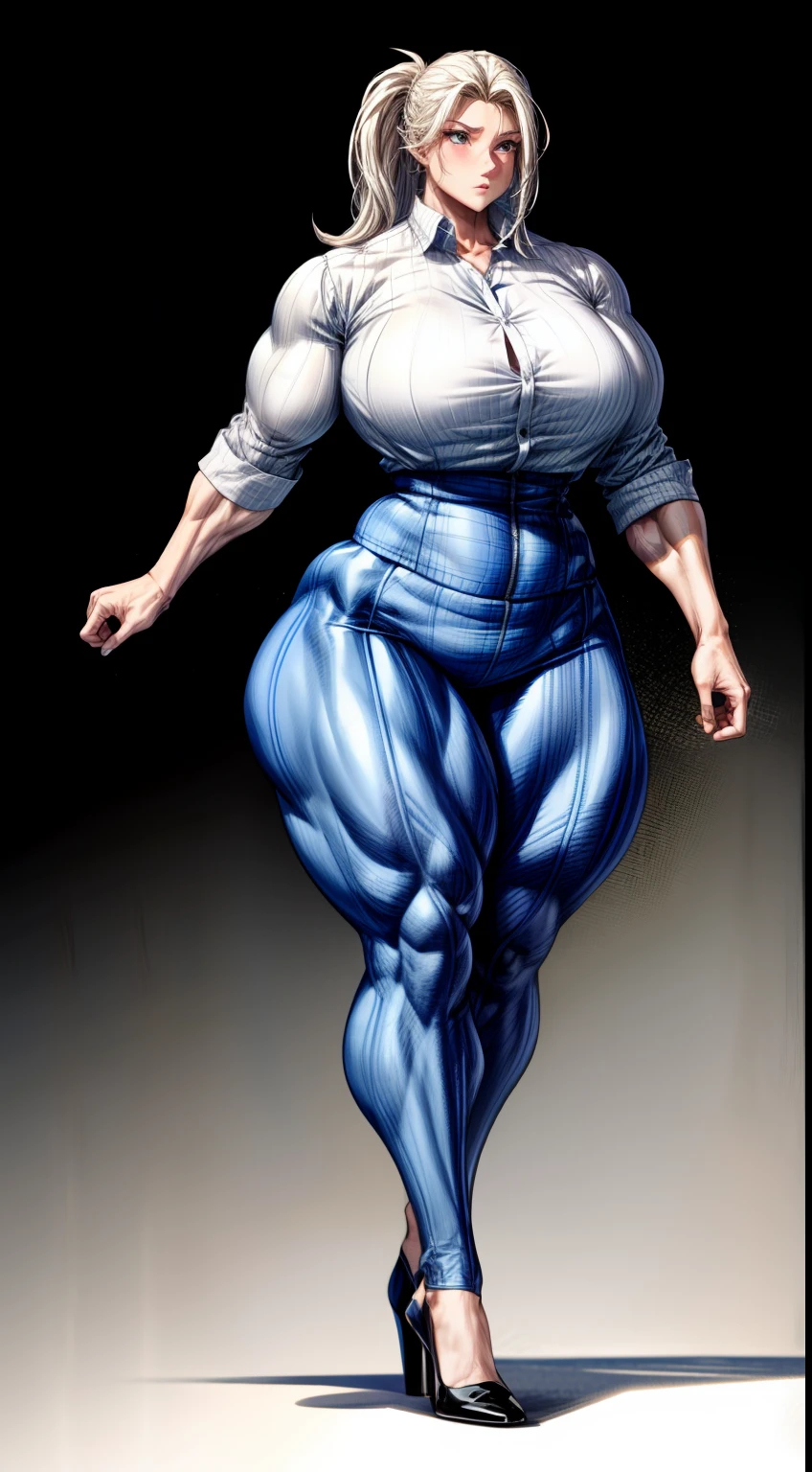 tmasterpiece，（Full body like:1.1），Burly woman，Exaggerated large muscles，walking pose，，Beautiful and charming Nordic woman face，Business shirts，stocklings，Pointed-toe heels，1female，Thin waist，Very broad shoulders，Strong and powerful arms，Stout arms，Strong and powerful leg muscles，Very thick calves，long leges，looking to the camera