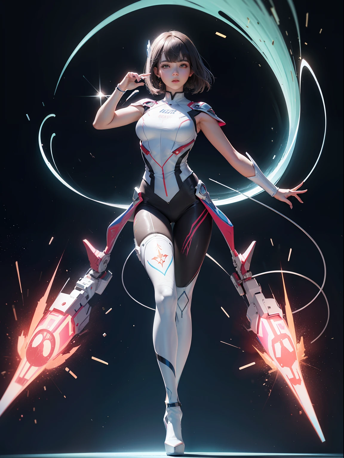 (full body:1.5)，(1girl:1.3),(view the viewer:1.4)，(anatomy correct:1.45),(Wear printed fantasy Ultraman tight point-toe heels ，and very thick printed pantyhose :1.35), (Light particle effect:1.3),(In pink | amarelo | blue colors| green color |red colour | white colors| black in color| purpleish color| greys| Beige| Flesh color 1.4)，(Glowing eyes:1.3),(Large amplitude action: 1.3)，(Accurate and perfect face:1.4),hyper HD, Ray traching, reflective light，structurally correct, Award-Awarded, high detal, lightand shade contrast, Face lighting，cinmatic lighting, tmasterpiece, super detailing, high high quality, high detal, best qualityer, 16k，High contrast,