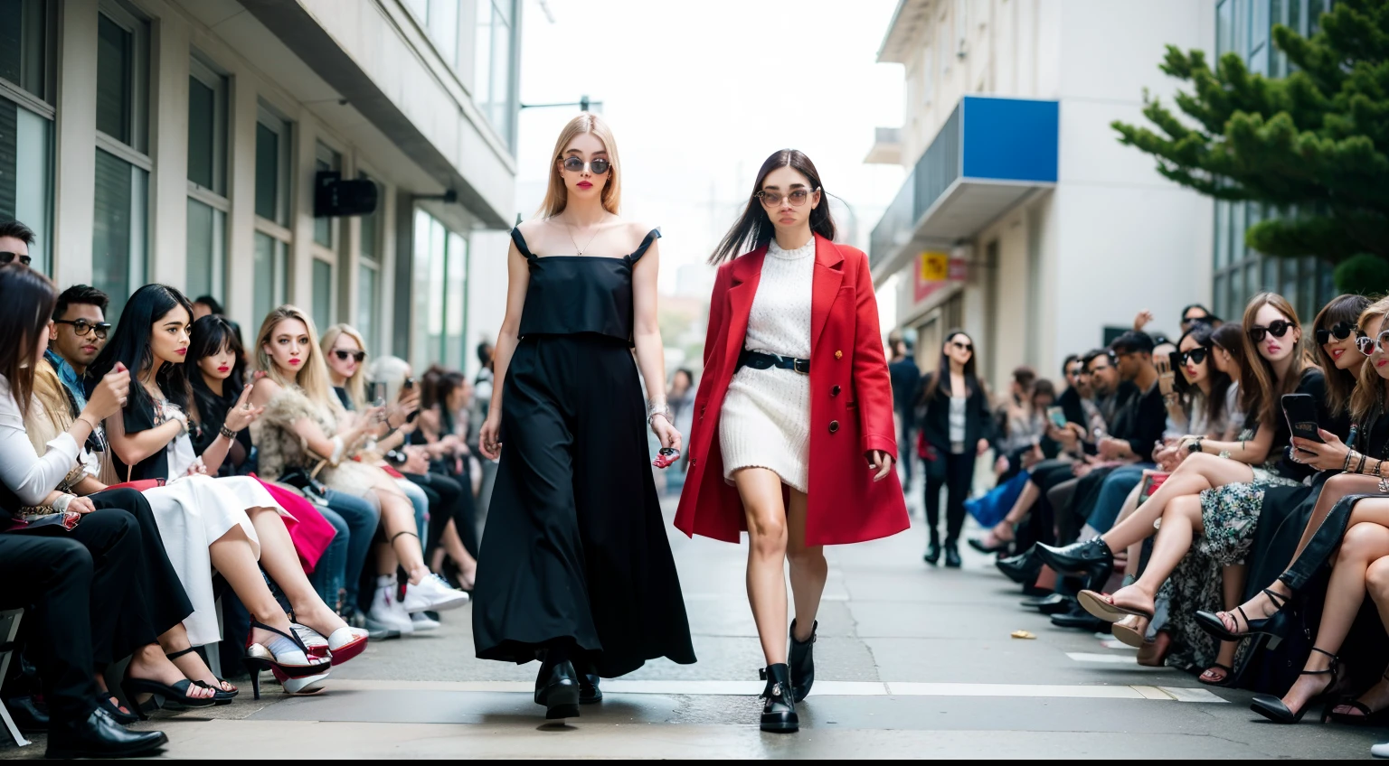 um desfile de moda conceitual, Temporada surreal, Fashion influencer trends, pessoas normais urbanas, Trend in Fashio magazine