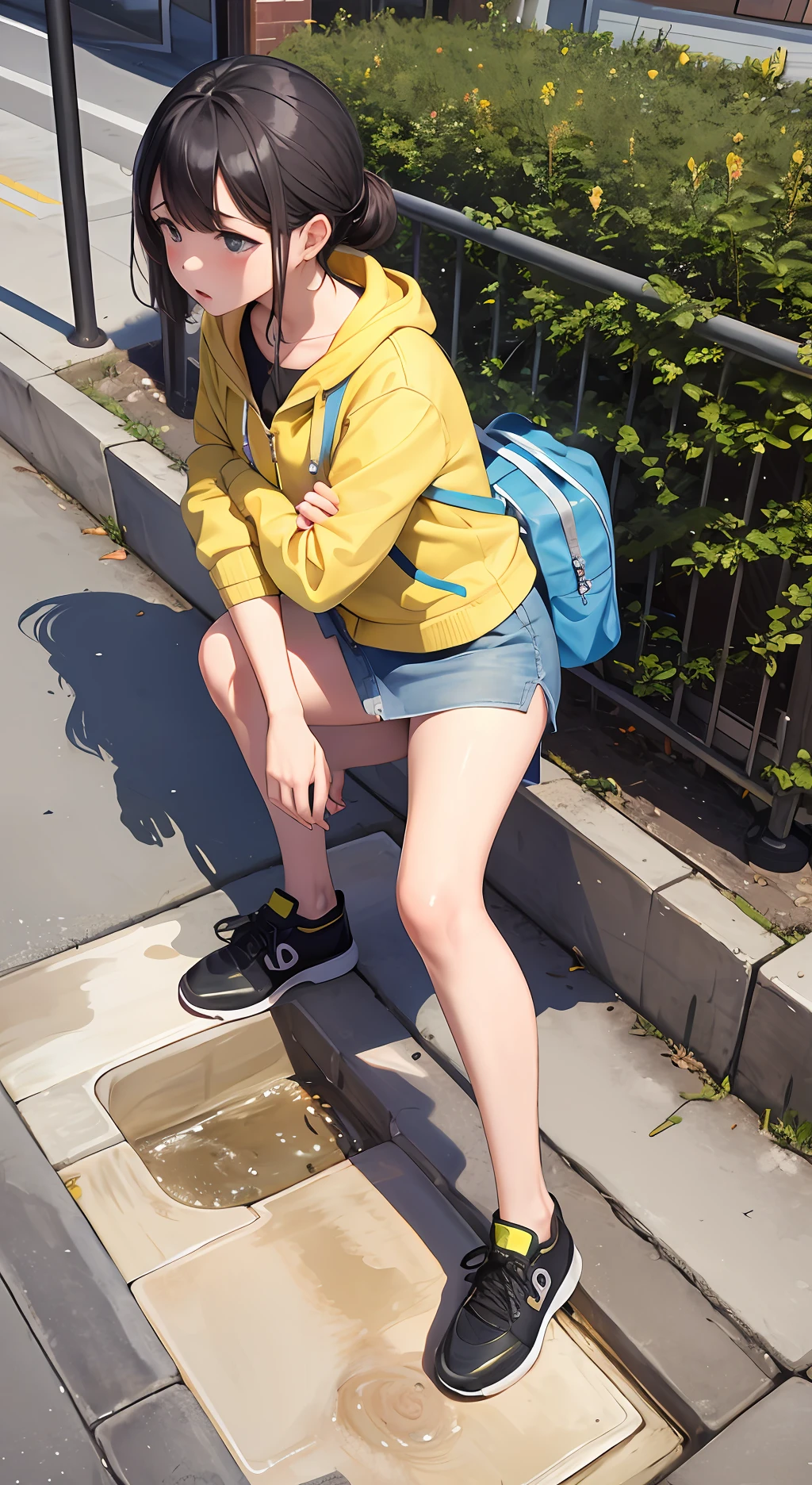 撒尿的女孩 背著背包蹲在人行道上的動漫女孩- SeaArt AI