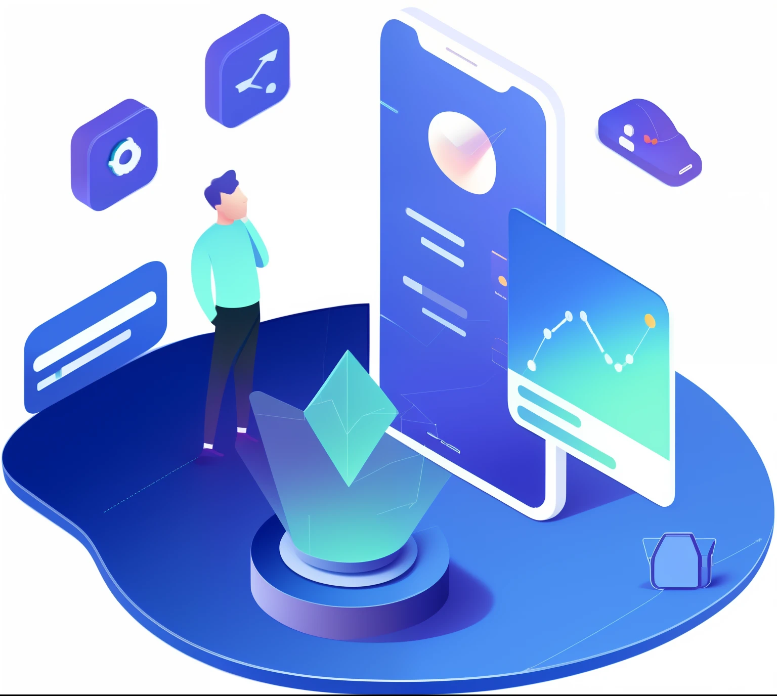 A man stands in front of a laptop and a cell phone，The screen displays the chart, Simple illustration, Simple and clean illustration, isometric design, Isometric 3D, isometric 3 d, 3 d isometric, 3d isometric, prerendered isometric graphics, Mobile app, Isometric style, Flat illustration, Concept illustration, isometric illustration