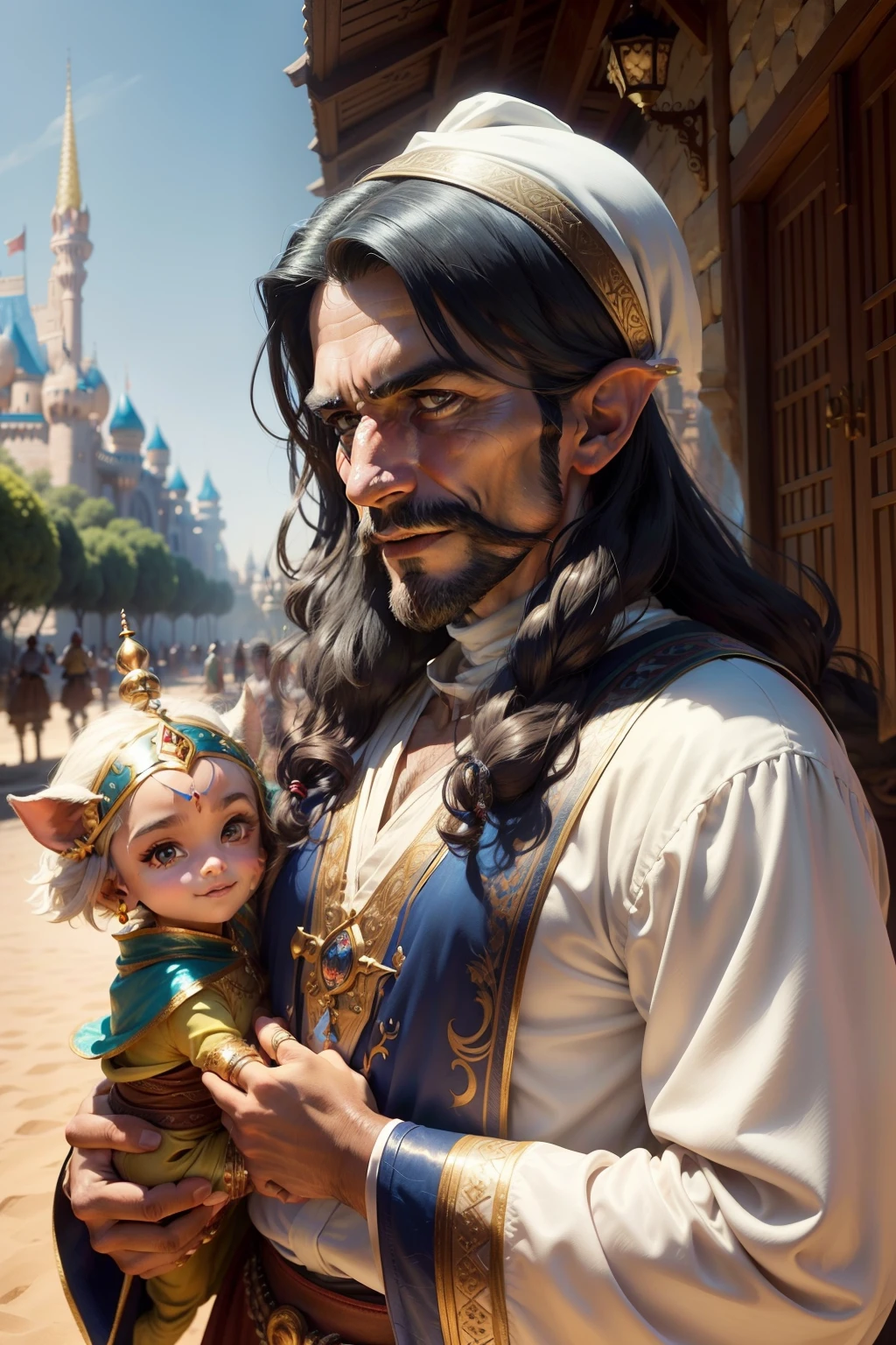 Arabian fairy tale. 1200s. Fun fantasy, Everyone laughs. A variety of fabulous: An old male fakir, Young Wizard Man, Musicians, all in antique clothes and oriental headdresses, camel, Poultry. Close-up full-length portrait in Disney Pixar style Super realistic, Filmic, a lot of details, Oriental blurred fantasy background, 8K