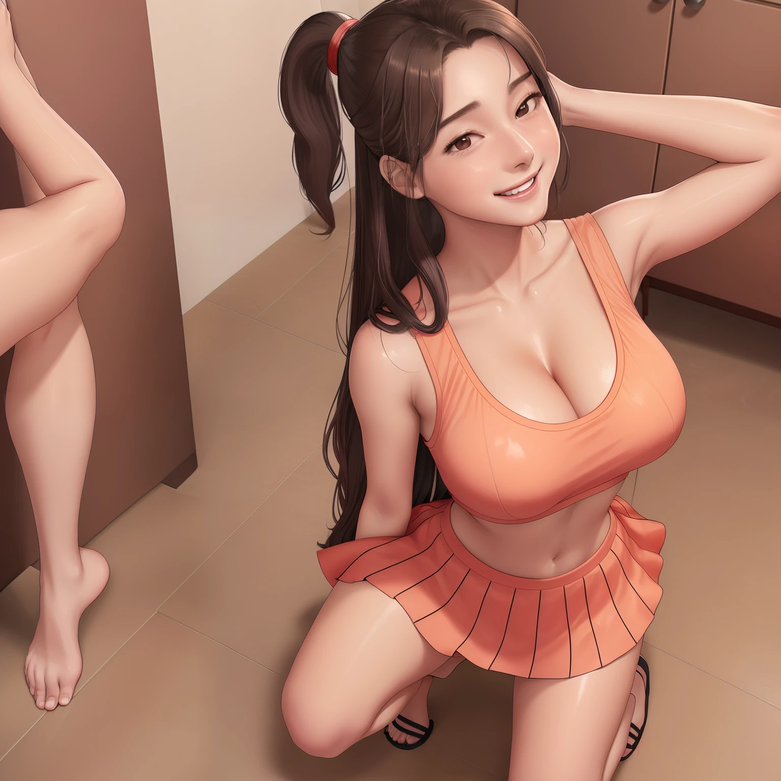 girl,my sister,long wet ponytail brown hair,he tall,sexy pose my sister,super big breast,(P cup),,cheerfull,happy and smile detailed face,sexy my sister long wet shirt and skirt outfit,full body,red peach lips,squatting on home,her nose was red in home