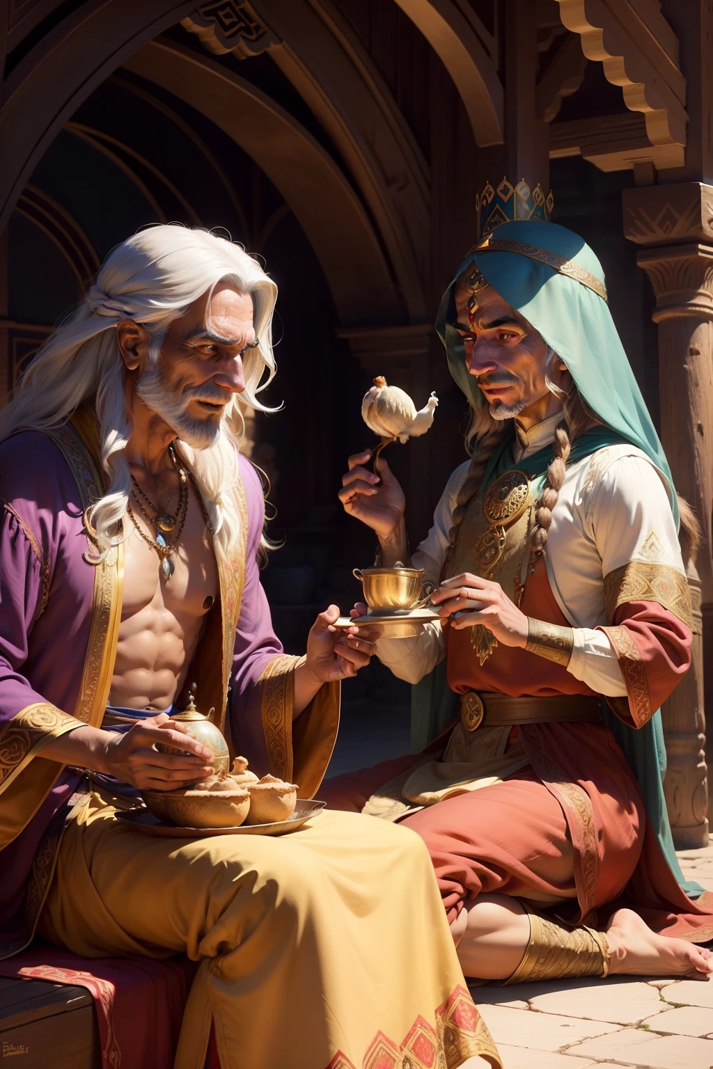 Arabian fairy tale. 1200s. Fun fantasy, Everyone laughs. A variety of fabulous: An old male fakir, Young Wizard Man, Musicians, all in antique clothes and oriental headdresses, camel, Poultry. Close-up full-length portrait in Disney Pixar style Super realistic, Filmic, a lot of details, Oriental blurred fantasy background, 8K